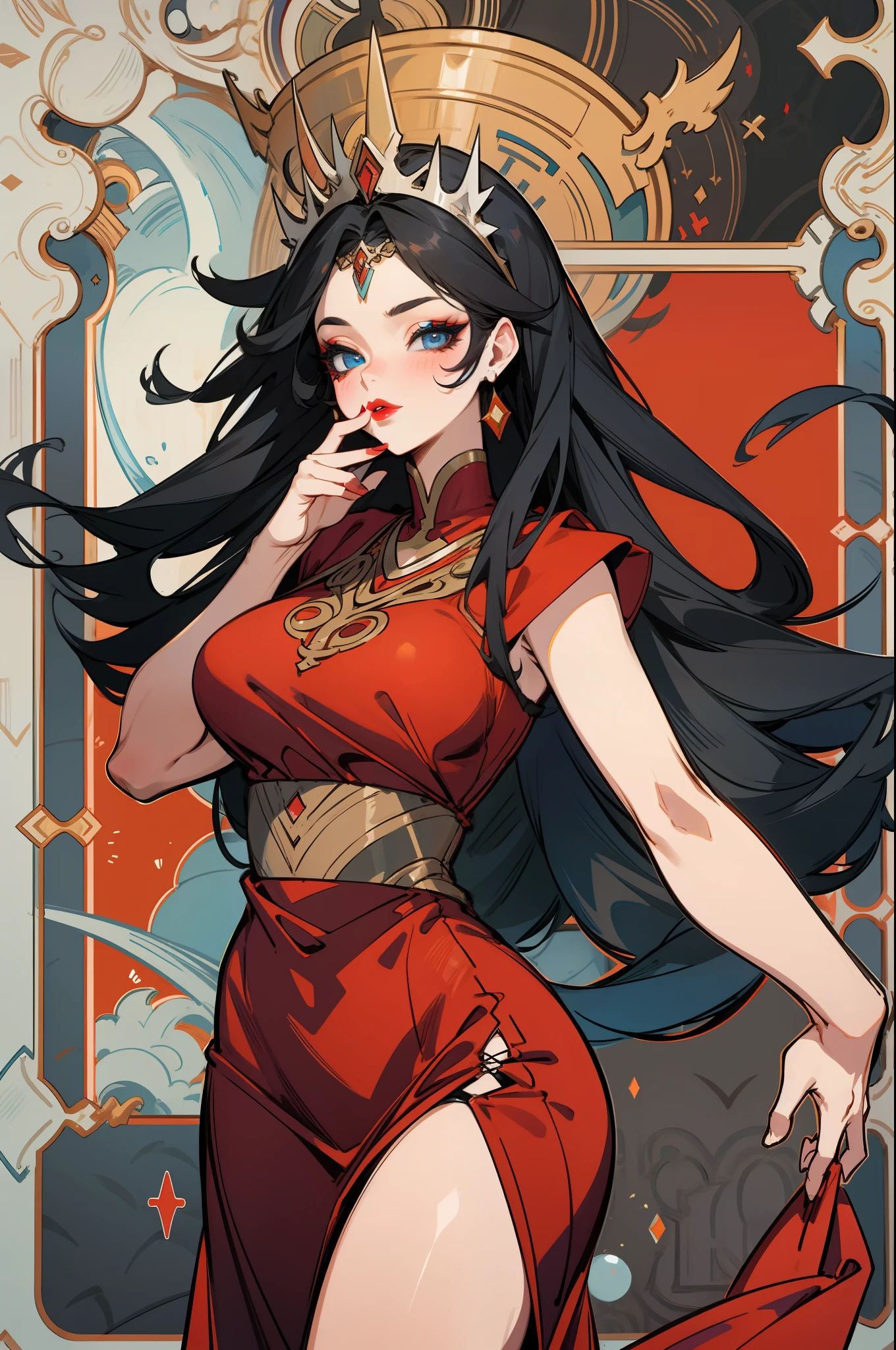 A sensual woman with long black hair, big breasts, thick thighs, blue eyes, makeup, Red lipstick on her lips, Extreme beauty, seductive look, wearing a red dress, multiple poses, shapes and expressions, hair blowing in the wind, Arabic clothes, wearing a tiara