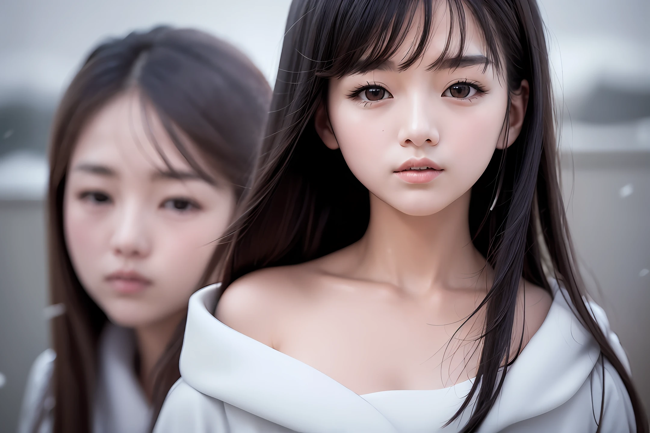 realistic photos of (1 cute Korean star) Shoulder-length hair, thin makeup, medium breasts size, wearing coat, in the snow, clear facial features, 8K high resolution, sharp and realistic details.from outside, Eye-Level Shot, f/4.0, 135mm, Fujifilm, jpeg artifacts, dithering, UHD, masterpiece