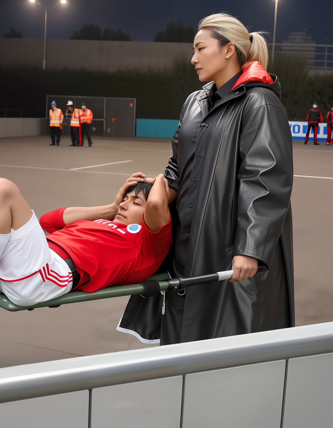 there is a sportsman in matte cotton sportswear lying injured on a stretcher, there is an injured sportsman in matte cotton sportswear who is covering his face on a stretcher, an injured sportsman in matte cotton sportswear is covering his face with his hands, an injured sportsman is writhing in ecstasy on a stretcher, dramatic pity pose, there is a mongolian policewoman in a high-shine leather coat, a high-shine black leather coat, a long black uniform leather coat, a wetlook down coat, a wet black laquered coat, a mongolian policewoman is wearing a wetlook black uniform, injured, female medic, soccer action pose, affection pose, lecherous action pose, dramatic action pose, theatralic pose, there is an attractive policewoman that is carrying a soccer player in matte cotton sportswear, there is a beautiful woman in a shiny coat who is carrying a blond man on a stretcher, a longhaired policewoman in a high-shine black leather coat, a longhaired policewoman in a shiny downcoat, a policewoman is carrying a shorthaired man who is wearing matte cotton sportswear, a weak man in in matte cotton sportswear is consciousless and needs to be carried, a shorthaired man with an arm put over his agonised face is carried away on a stretchwer by a policewoman, a policewoman looks very scared and terrified, a consciousless man with an arm put over his agonised face is suffering very much and has a very painful face, photo, photo shoot, photographed , accident, help, aid, first aid, pity