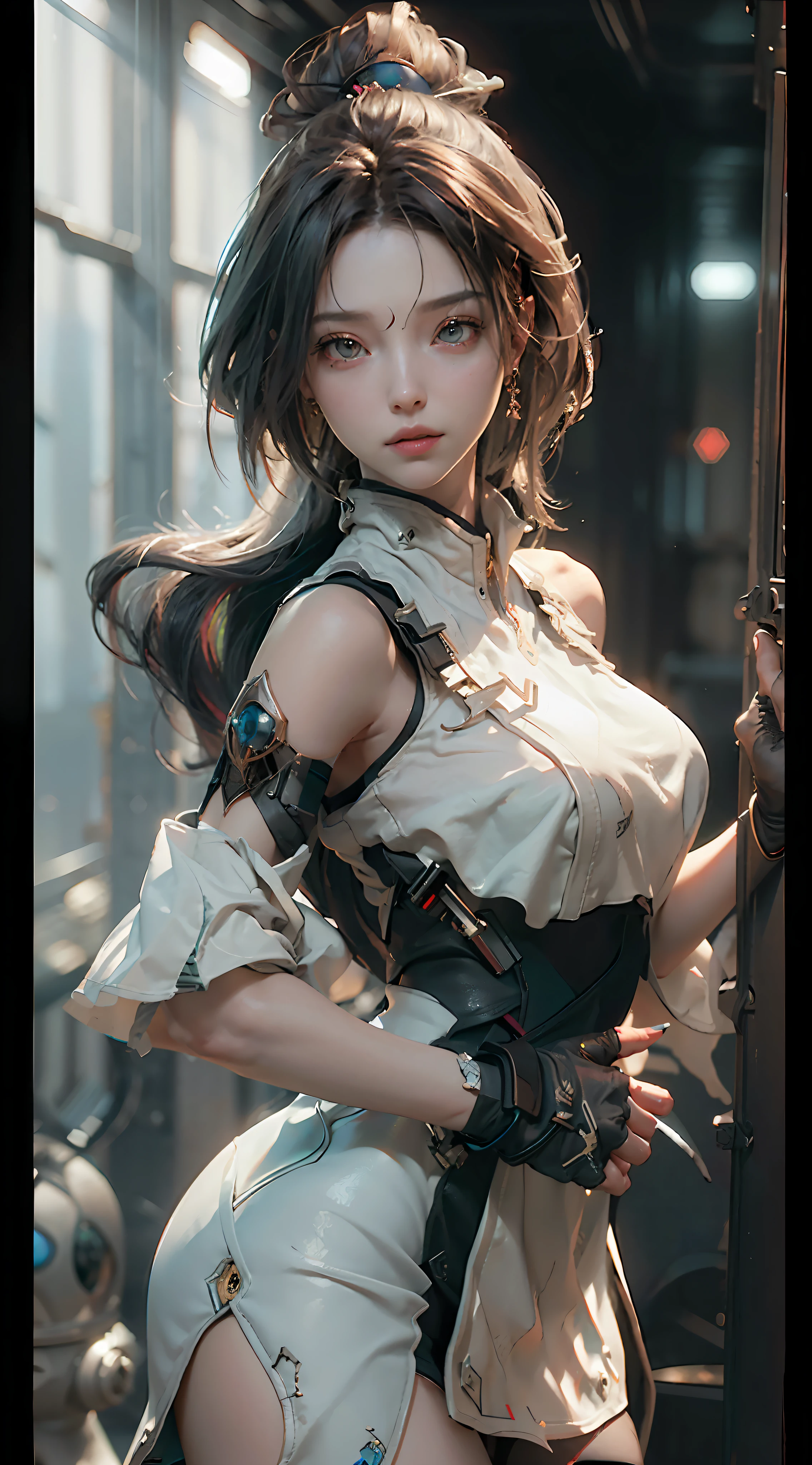 ((Best quality)), ((masterpiece)), (detailed:1.4), 3D, an image of a beautiful cyberpunk female,HDR (High Dynamic Range),Ray Tracing,NVIDIA RTX,Super-Resolution,Unreal 5,Subsurface scattering,PBR Texturing,Post-processing,Anisotropic Filtering,Depth-of-field,Maximum clarity and sharpness,Multi-layered textures,Albedo and Specular maps,Surface shading,Accurate simulation of light-material interaction,Perfect proportions,Octane Render,Two-tone lighting,Wide aperture,Low ISO,White balance,Rule of thirds,8K RAW,