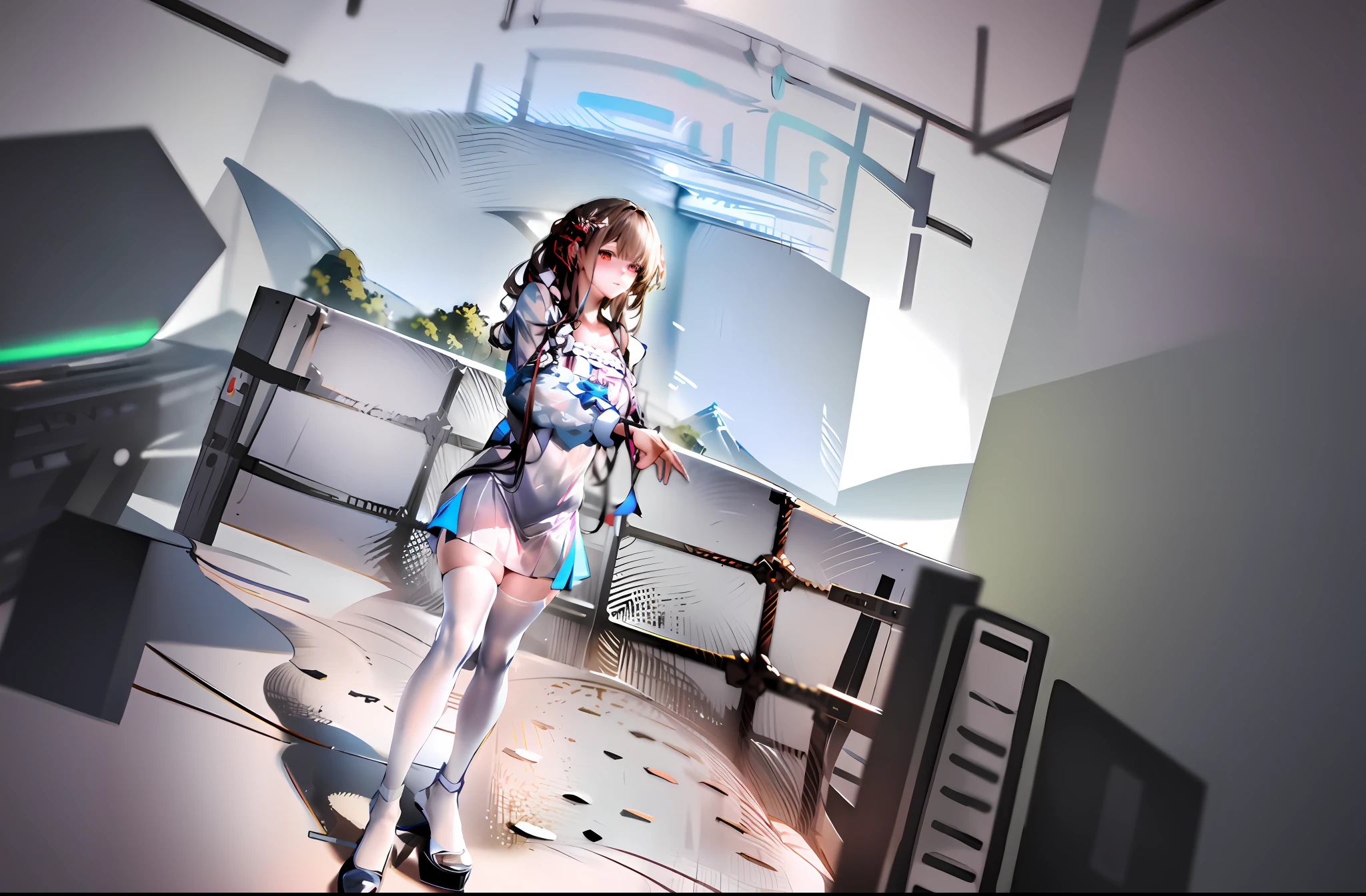 Singer girl in short white skirt and high heels standing in the center of the stage, Kantai collection style, [ 4 K digital art ]!!, A scene from the《azur lane》videogame, Fine details. Girl front, azur lane style, Big curve loli, Digital anime art, Smooth anime CG art, Best anime 4k konachan wallpaper，Extreme detail，Keep the character's main body action unchanged，Draw hands and faces in detail