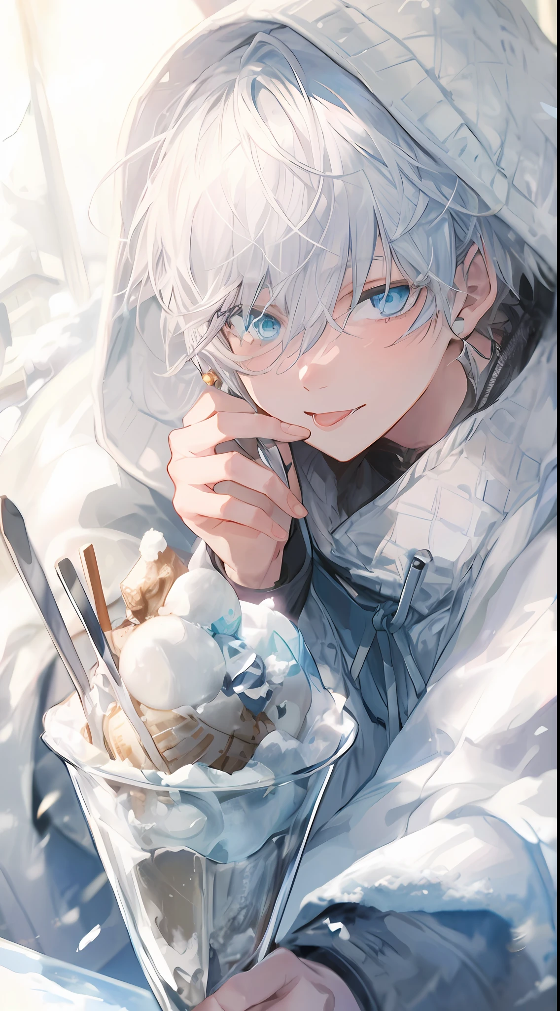 Anime boy with blue eyes eating ice cream in a bowl, Trending on ArtStation pixiv, 4 k manga wallpaper, zerochan art, guweiz on pixiv artstation, icey, digital art on pixiv, anime art wallpaper 4k, anime art wallpaper 4k, by Yuumei, pixiv trending, 4k anime wallpaper、Sticking out your tongue and smiling