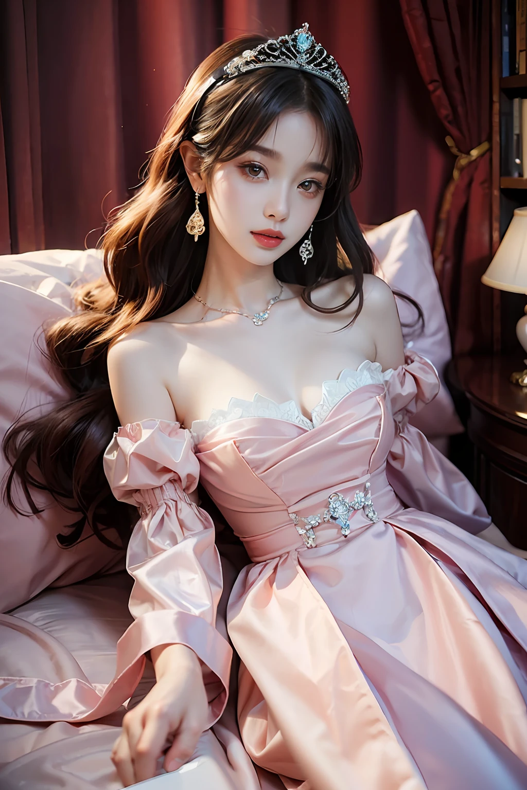 ((Realistic lighting, top quality, 8K, Masterpiece: 1.3)), Clear Focus: 1.2, 1Woman, Perfect Beauty: 1.4, Yushuxin, 1Girl, Dress, Solo, Brunette, Jewelry, Long Hair, Earrings, Bow, Pink Dress, Wood, Nature, Outdoor, Bare Shoulder, Airless Gainsboro, Long Dress, Hair Bow, Forest, Pink Bow,Strapless, Standing, Necklace, Head Tilt, Chapped Lips, Wavy Hair, Strapless Dress,Lace Sleeves, cetin dress,close-up woman in pink dress posing for photo,beautiful virgin,beautiful korean woman, beautiful princess, cute elegant pose, bell delphine, wearing pink dress, beautiful fantasy maiden, anime princess, beautiful seductive anime woman,beautiful asian girl, attractive anime girl, elegant glamorous cosplay,(lying on bed:1.8),(beautiful orb-articulated doll:1.3),luxurious princess dress