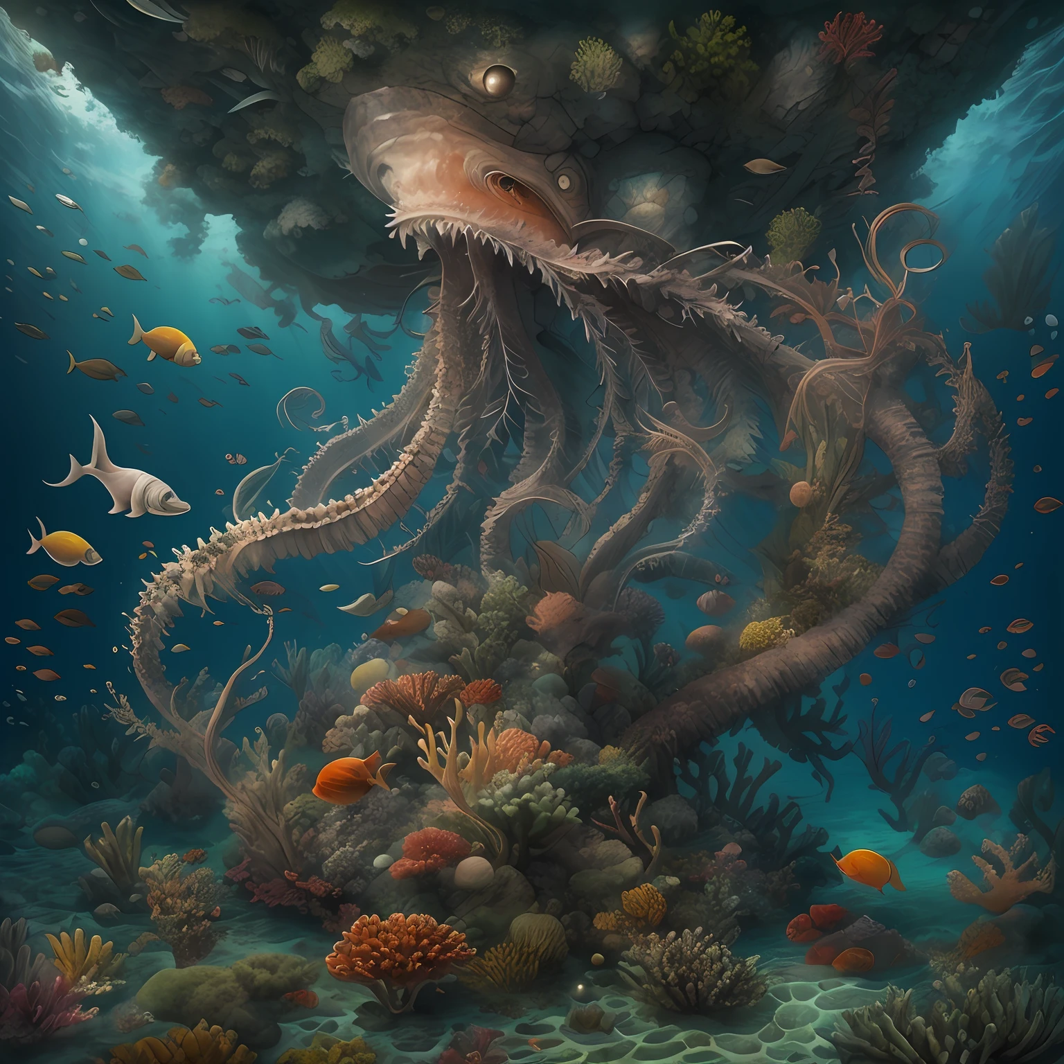 best qualityer, Super tall, Superrealisticart, Best quality, 巨作, Ultimate Refinement and Beauty, surrealism, Amazing, finedetail, Extreme detail,ocean floor、Marine life、Beautiful coral reef、The fish，Giant squid，mermaids，Rays，drak，Imperial water，Magical style