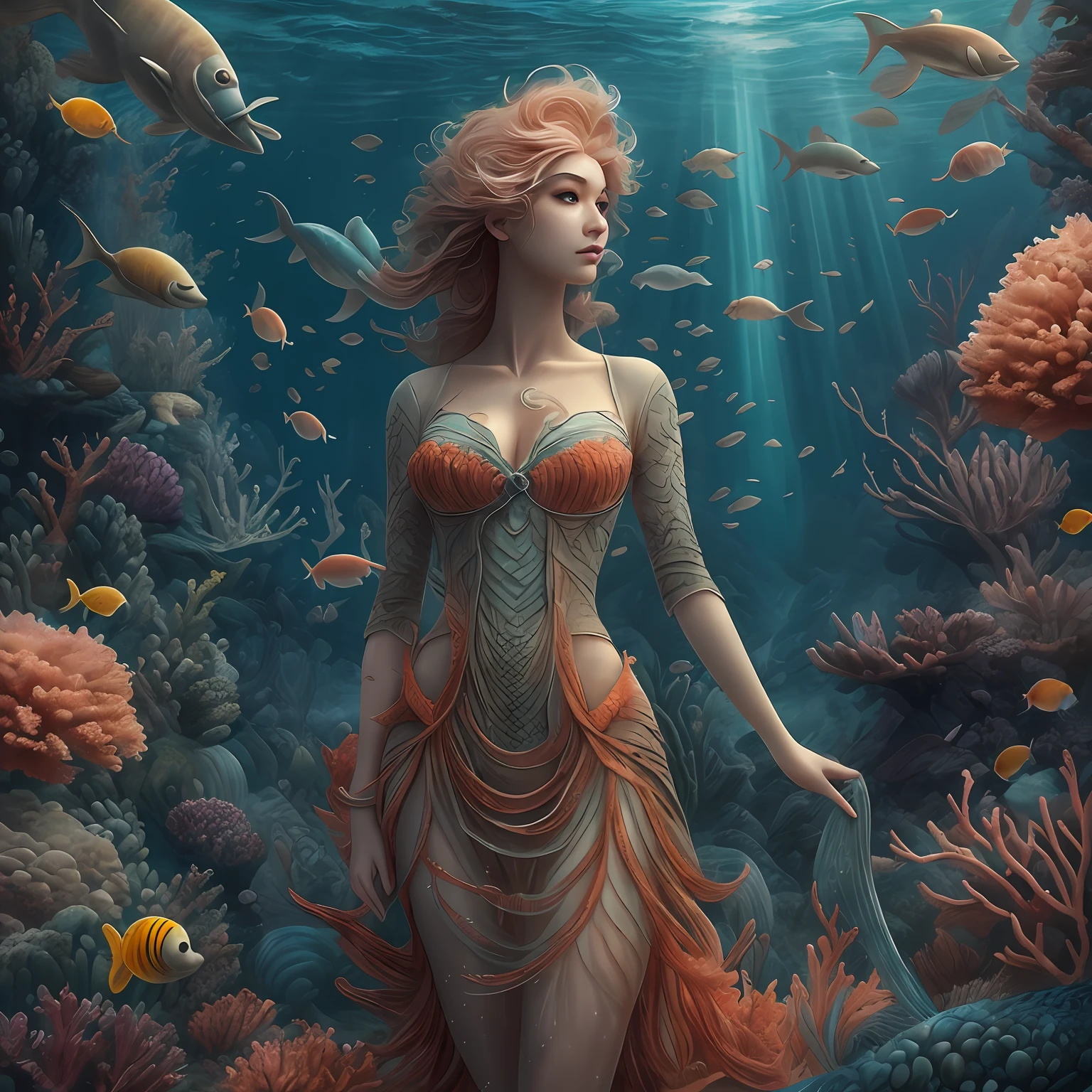 best qualityer, Super tall, Superrealisticart, Best quality, 巨作, Ultimate Refinement and Beauty, surrealism, Amazing, finedetail, Extreme detail,ocean floor、Marine life、Beautiful coral reef、The fish，Giant squid，mermaids，Rays，drak，Imperial water，Magical style