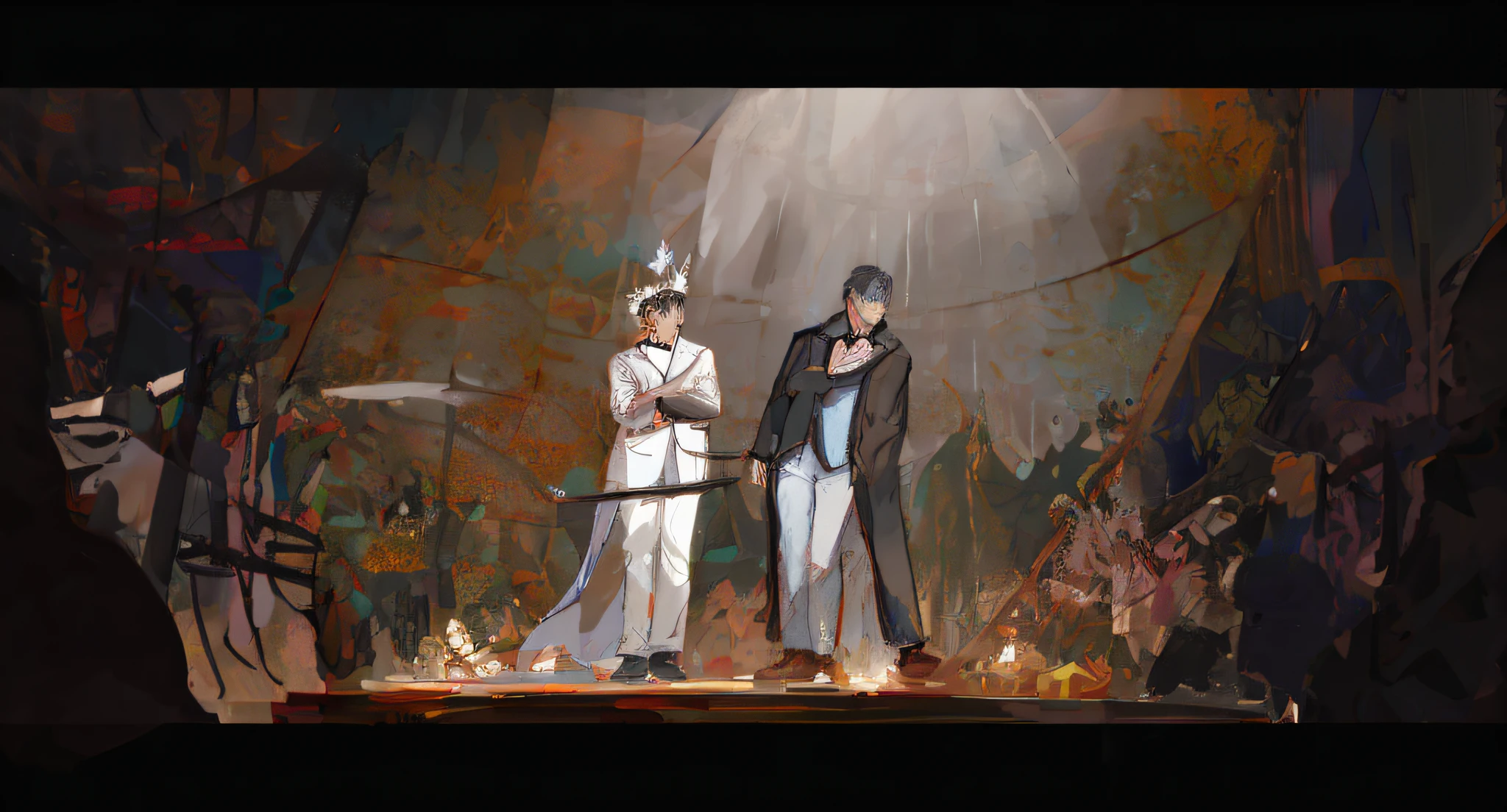 Two men stood on stage to make a curtain call,Surrounded by orchestras, rob rey and kentaro miura style, rob rey and kentarõ miura style, emotional concept art, akehiko inoue and ross tran, author:New Art, rob rey and kentarõ miura, Fan art, !dream concept art,cinematic style,photorealestic