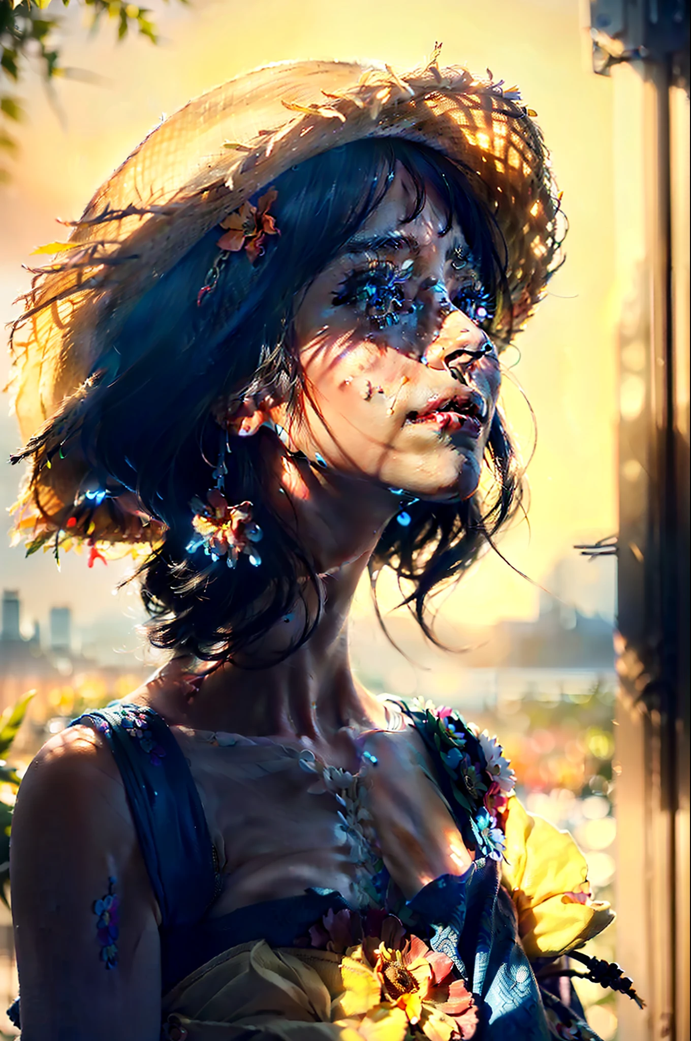 (extreme close up:1.5), (face focus:2),(Style of cyberpunk :1.5),
((side face:2)),(1girl surrounded by soft_light:1.5), (backlighting:1.8), (lighting),(flowing fabric:1.3), ((Floral_summer_dress:1.5),(Straw_hat:1.3)),
(masterpiece), realistic, HDR, highly detailed, 8k, raw photo,
ambient occlusion, natural, harmonious composition, warm tones, fine art photography,