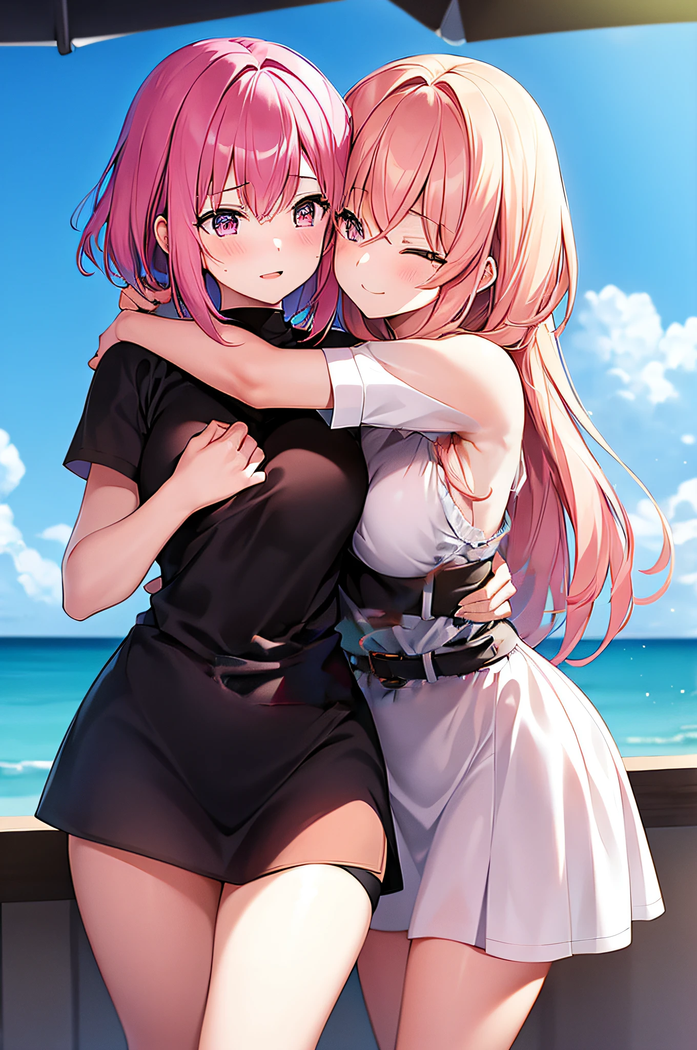 2girls,Pink hair,embracing each other
