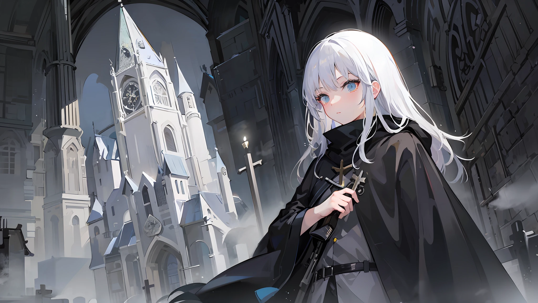 Anime girl with white hair and black cape standing in front of the church, From Arknights, gothic maiden anime girl, from girls frontline, cathedral background, behind her a gothic cathedral, Best anime 4k konachan wallpaper, Guviz-style artwork, fate grand order, girls frontline style, anime style like fate/stay night