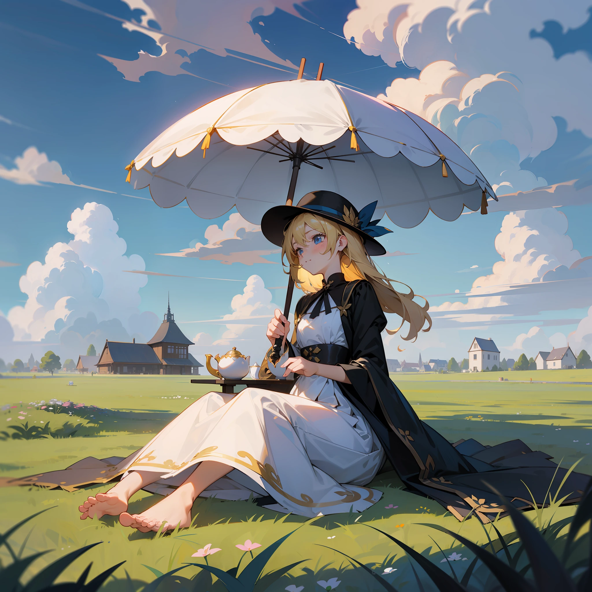 A beautiful girl in a black European dress sitting on an empty lawn，horizon，with blue sky and white clouds，Small tea house，Delicate teacups，and the sun was shining brightly，rainbowing，large environment，the detail，big vista，no buildings，Drinking tea，With a veil，A large parasol stuck to the ground，Need，tmasterpiece，Masterpiece，animemanga girl，blond hairbl，Barefoot