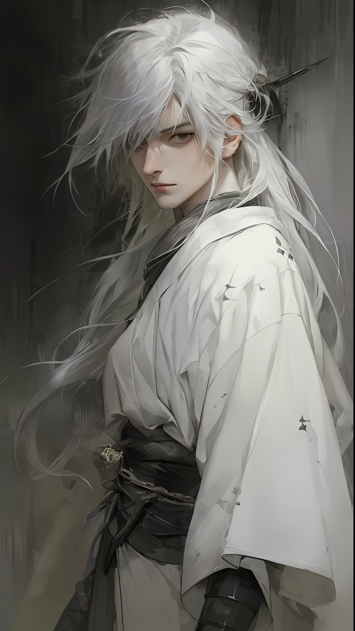 a close up of a person with white hair and a sword, white haired deity, with white long hair, with long white hair, artwork in the style of guweiz, white haired, guweiz, handsome guy in demon slayer art, beautiful character painting, by Yang J, white-haired, guweiz on pixiv artstation, anime character