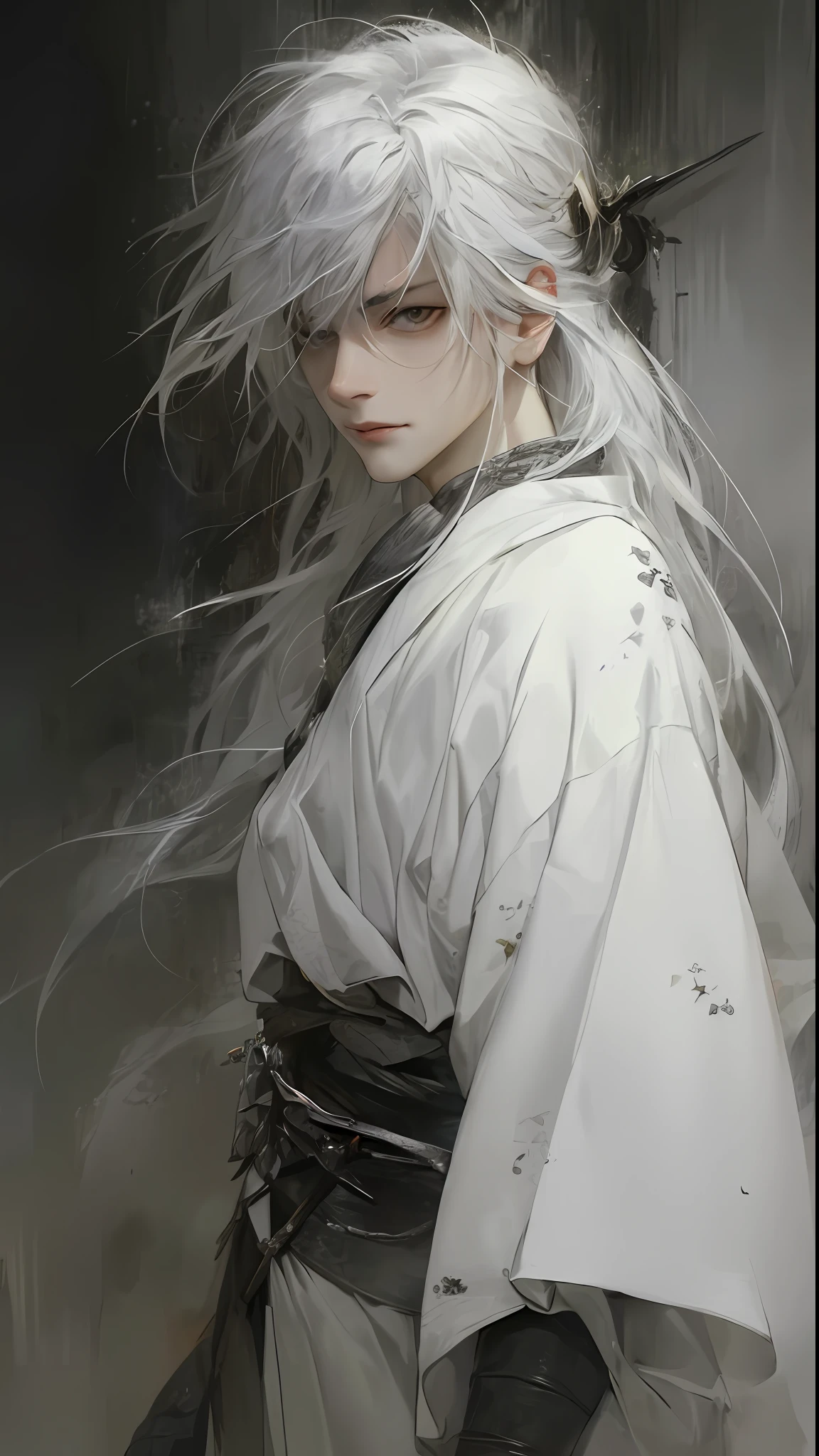 a close up of a person with white hair and a sword, white haired deity, with white long hair, with long white hair, artwork in the style of guweiz, white haired, guweiz, handsome guy in demon slayer art, beautiful character painting, by Yang J, white-haired, guweiz on pixiv artstation, anime character