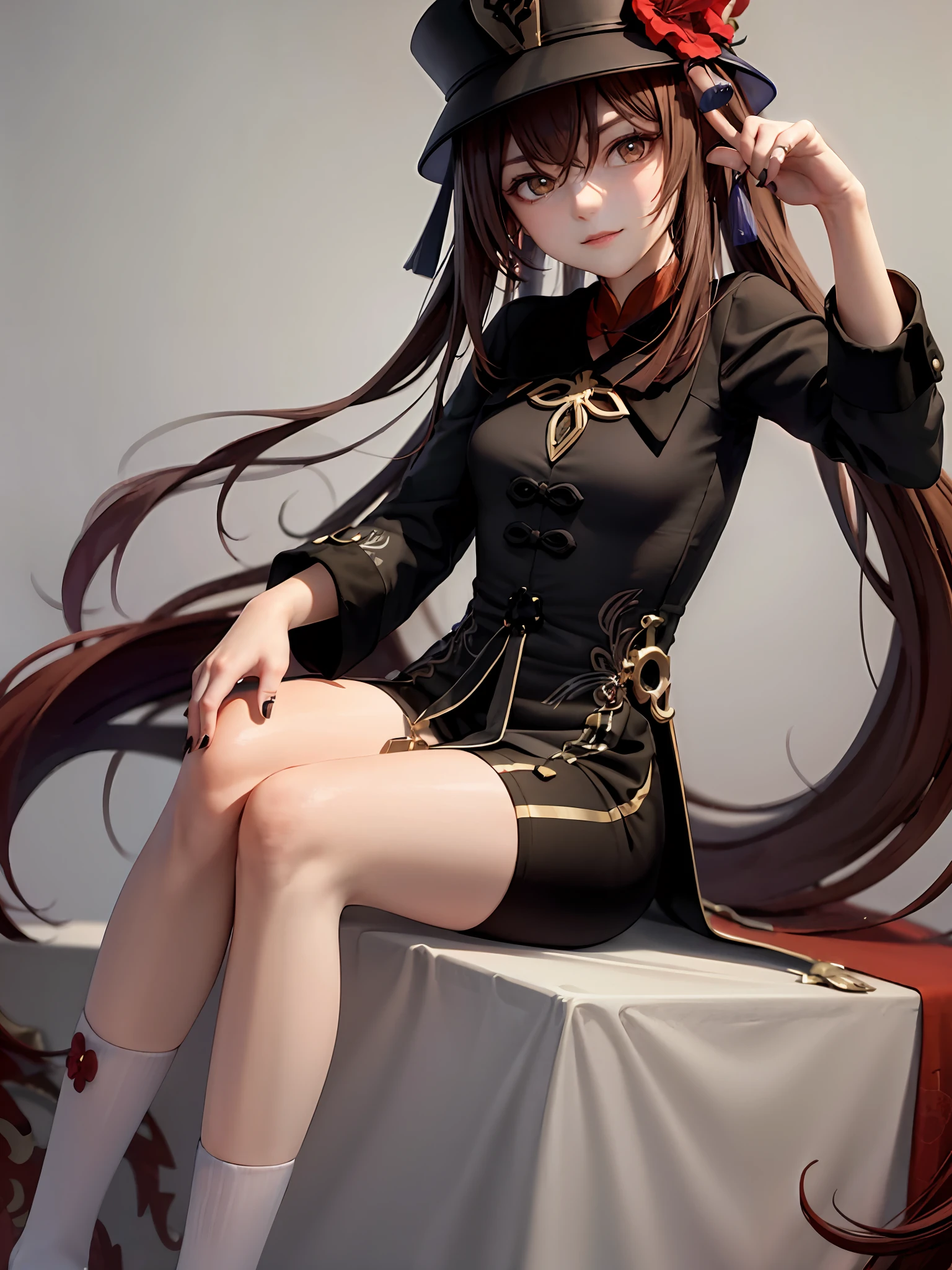 flower, Red_flower, Solo, Hat, Long_Hair,Hu Hutao \(Genshin Impact\),Mature female, Looking_at_peeping at the viewer, The upper part of the body_Body, Chinese_clothes, 1girll, Hat_flower, brown_Hair，Closed_Mouth, hibiscus, Red_Rose, spider_Lily, bangs,kbxll