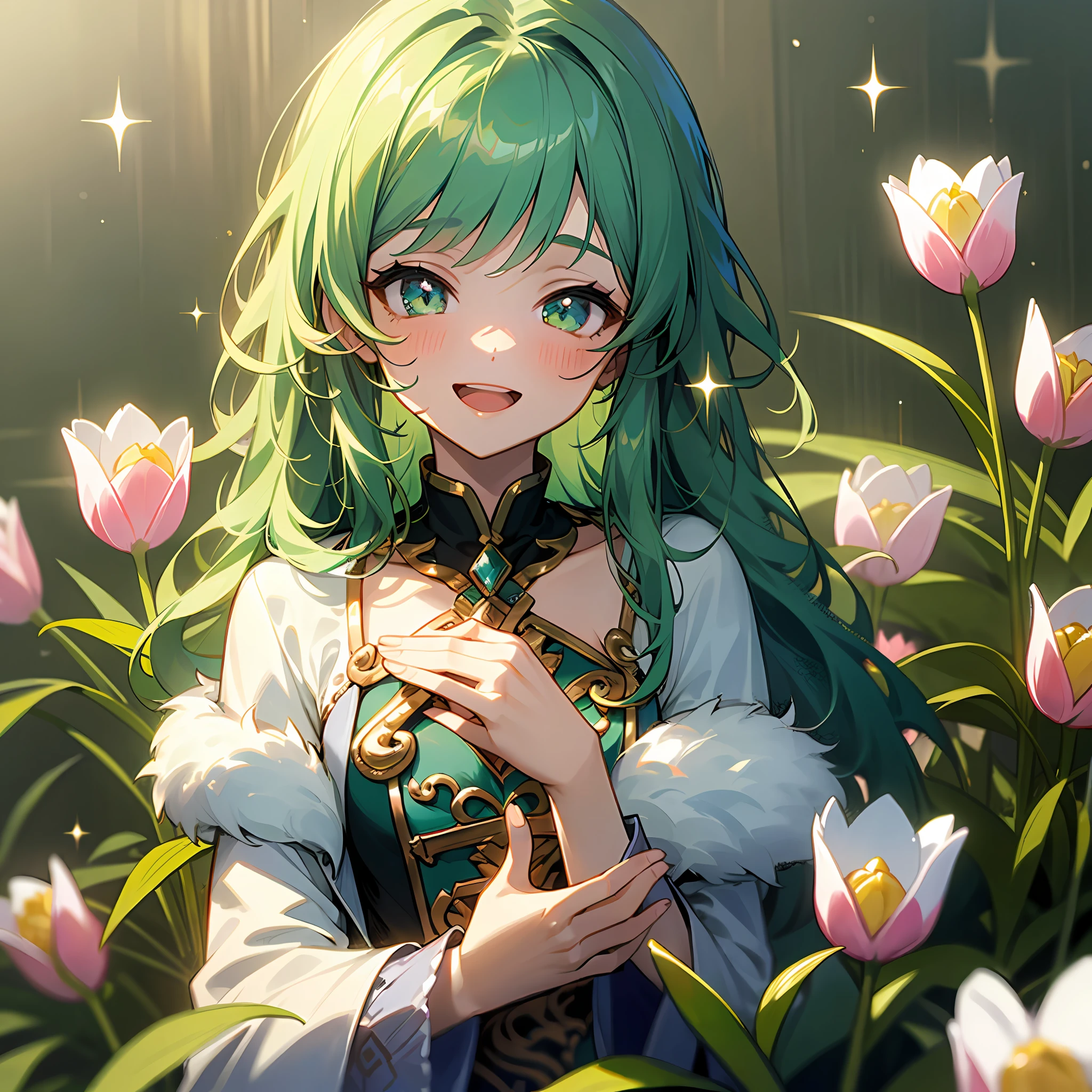 (masterpiece、top-quality)、tulips、1 girl with green hair、Fluffy long hair、Sparkling beautiful smile、Praying pose in front of the chest、appreciate、Thanks、Happy face、Laughed、Healed、Shy laughter、steamy hot