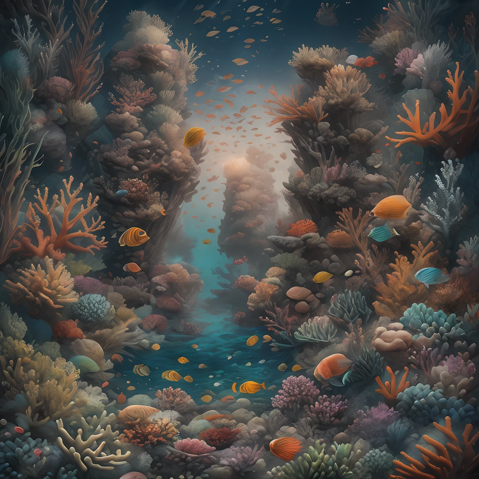 best qualityer, Super tall, Superrealisticart, Best quality, 巨作, Ultimate Refinement and Beauty, surrealism, Amazing, finedetail, Extreme detail,ocean floor、Marine life、Beautiful coral reef、The fish,drak,Imperial water,Magical style