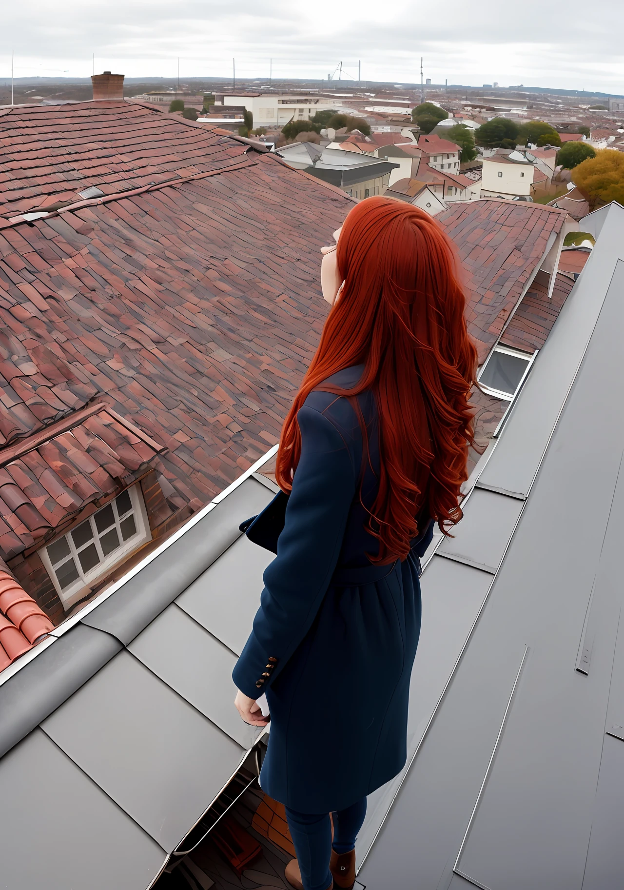 A red-haired woman stands on the roof