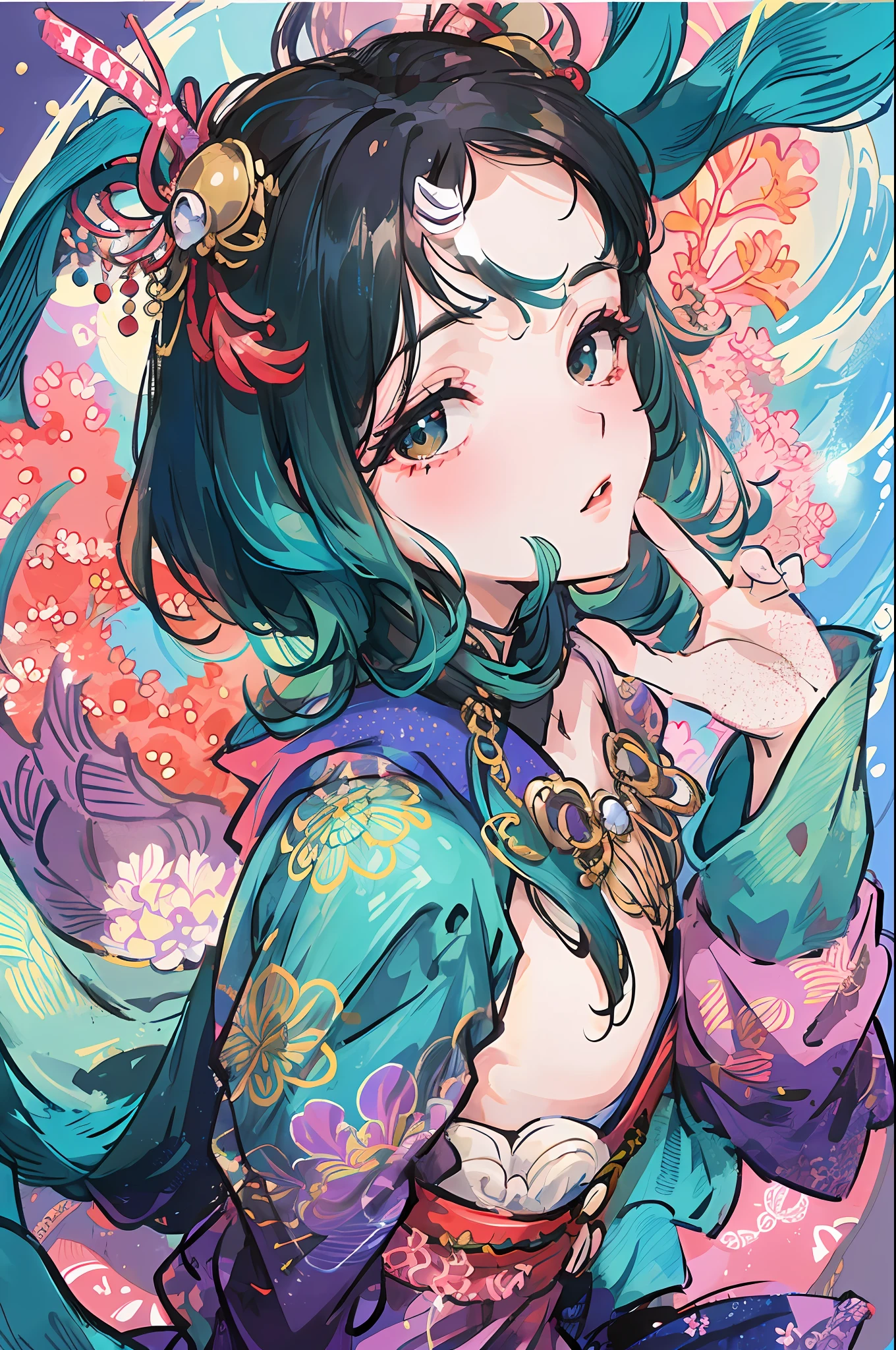 Masterpiece、Accurate drawing、Detailed drawing、8K、In the deep waters of coral reefs、There is a mermaid who looks like a beautiful woman、Body color is like emerald.、The structure is a half-mermaid、The lower half of the body is like a fish、She looked at me from above、I looked at her from below、I hold a pearl in my hands 。wearing Japanese kimono、beatiful backgrounds、