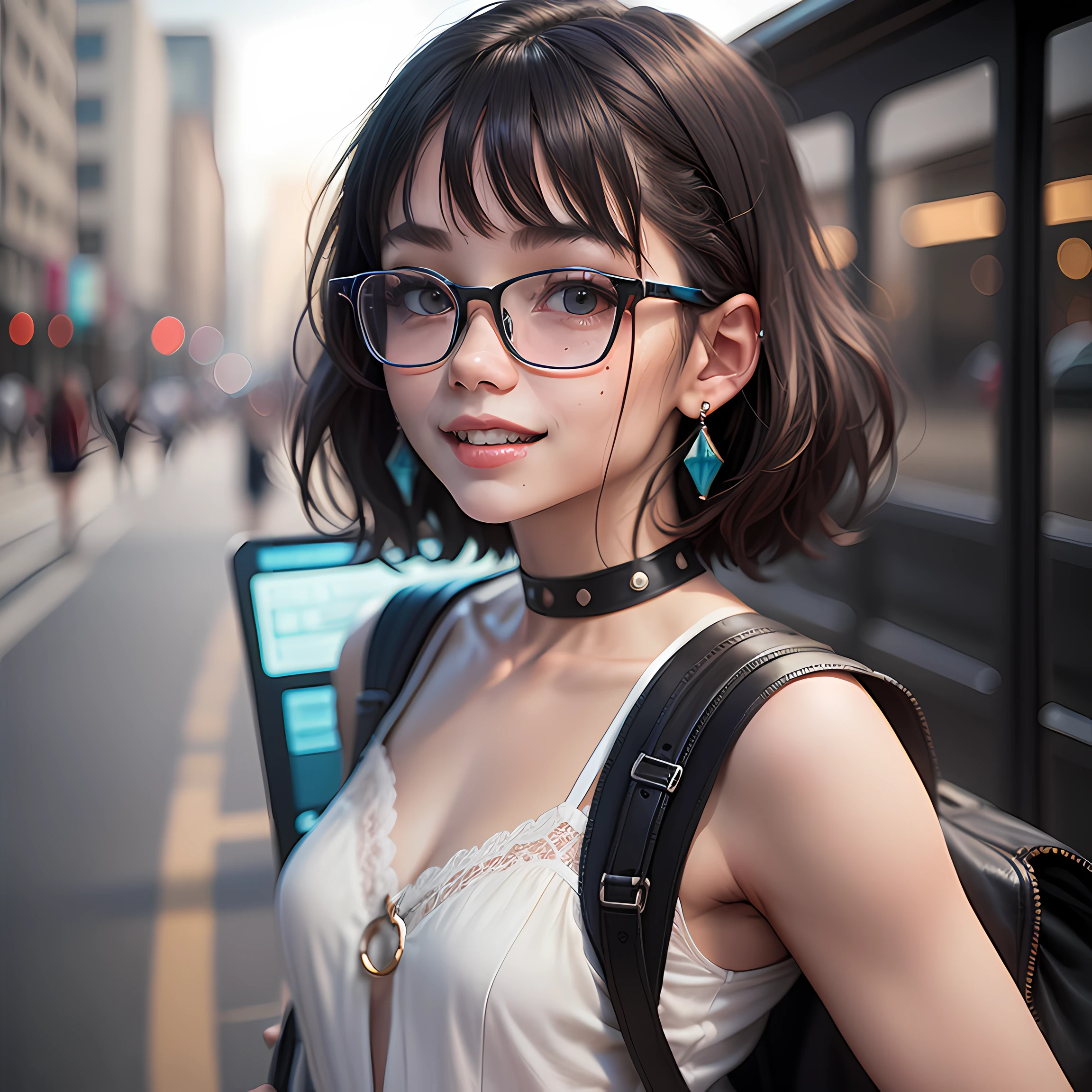 On the bus,schoolgirls,20yr old,white dresses,With a petite figure,with short black hair, wears glasses, Moles under eyes, Crystal earrings, grin, skin fang, surrealism, High detail, Verism, hyper photorealism, Cinematic lighting, full bloom, shadowing, Fuji colors, stereograms, multiple monochrome, angle of view, Horizontally shot: Ultra HD, Textured skin, ccurate, Best quality, High thin