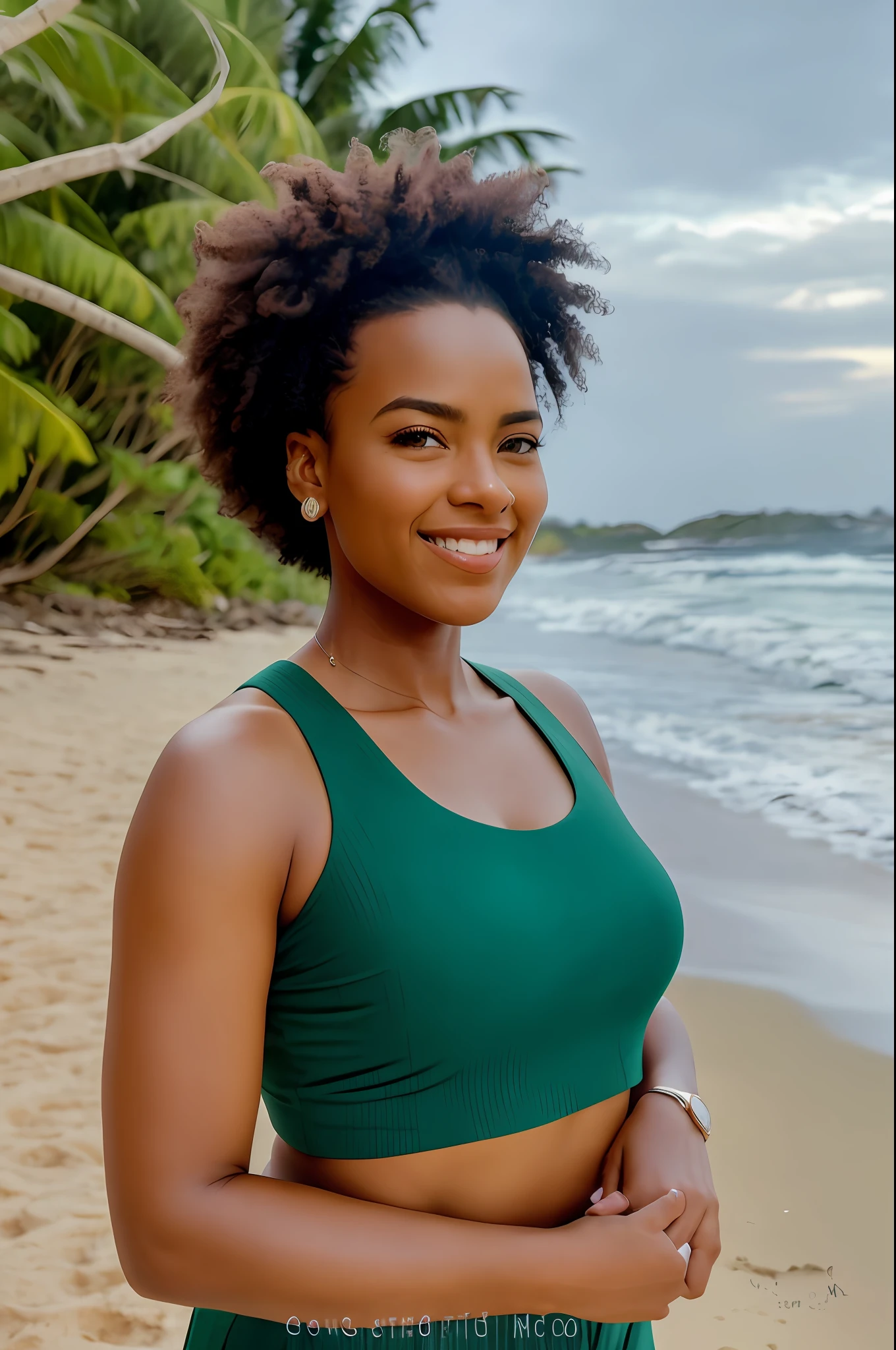 Mulher sorridente no topo verde na praia com palmeiras no fundo, posando em uma praia com o oceano, Malika Favre, foto de perfil headshot, foto de uma mulher negra, Maria Borges, photoshoot para marca de cuidados com a pele, imagem de perfil, Alexis Franklin, Anos Imane, imagem do avatar, Amanda Clarke, Laura Zalenga, Jenna Barton, foto de retrato detalhada