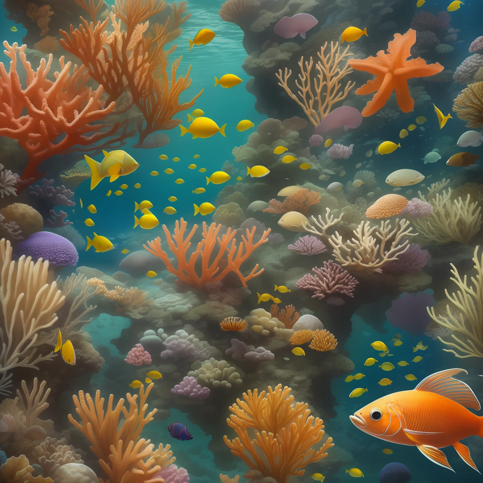 best qualityer, super tall, Superrealisticart, Best quality, 巨作, Ultimate Refinement and Beauty, surrealism, Amazing, finedetail, Extreme detail,ocean floor、Marine life、Beautiful coral reef、The fish
