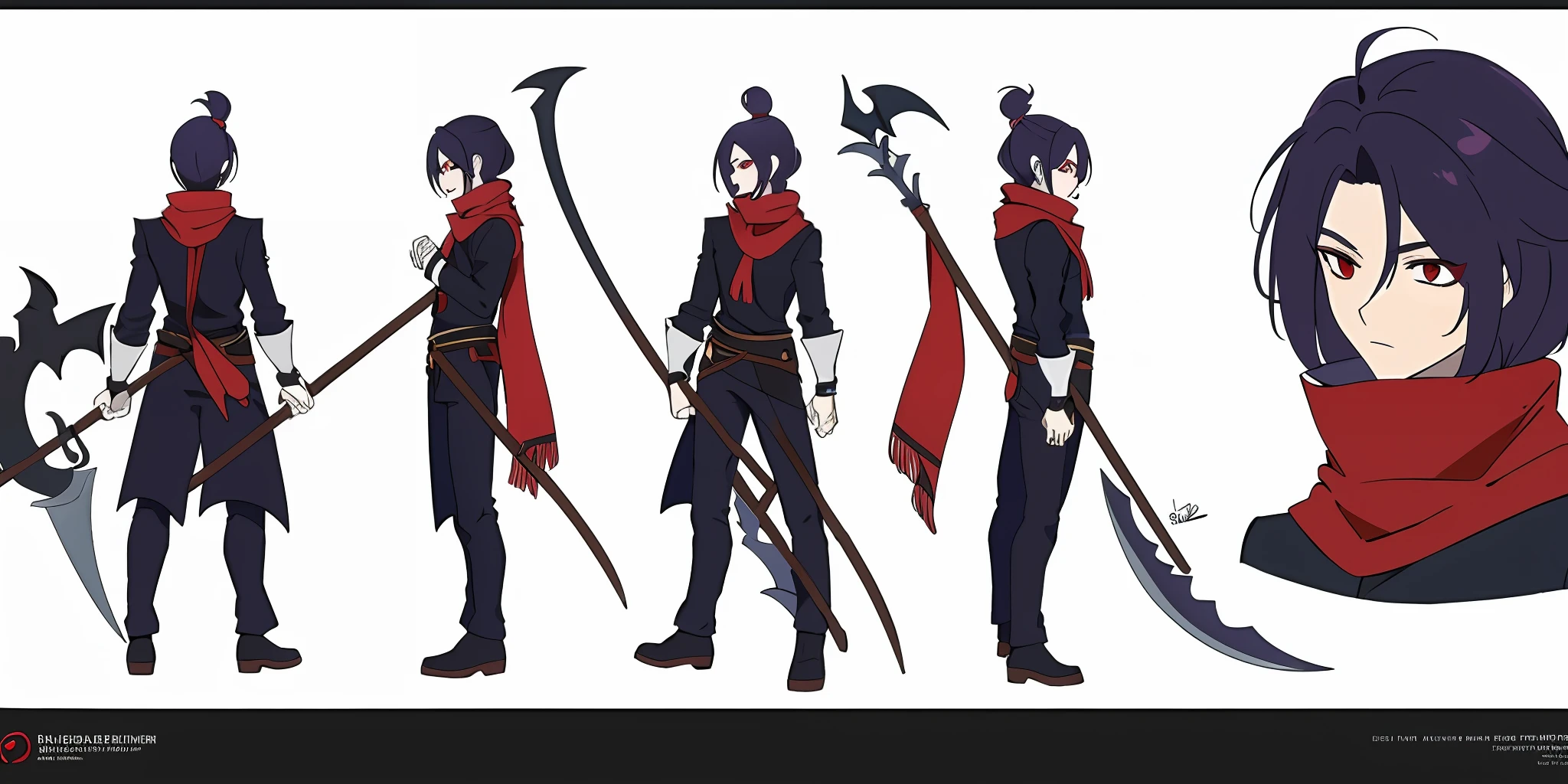 Raven element boy, wearing shirt and pants, scythe in hand, Wear a scarf,red eyes,including front view, side view and back view,Concept art of character design