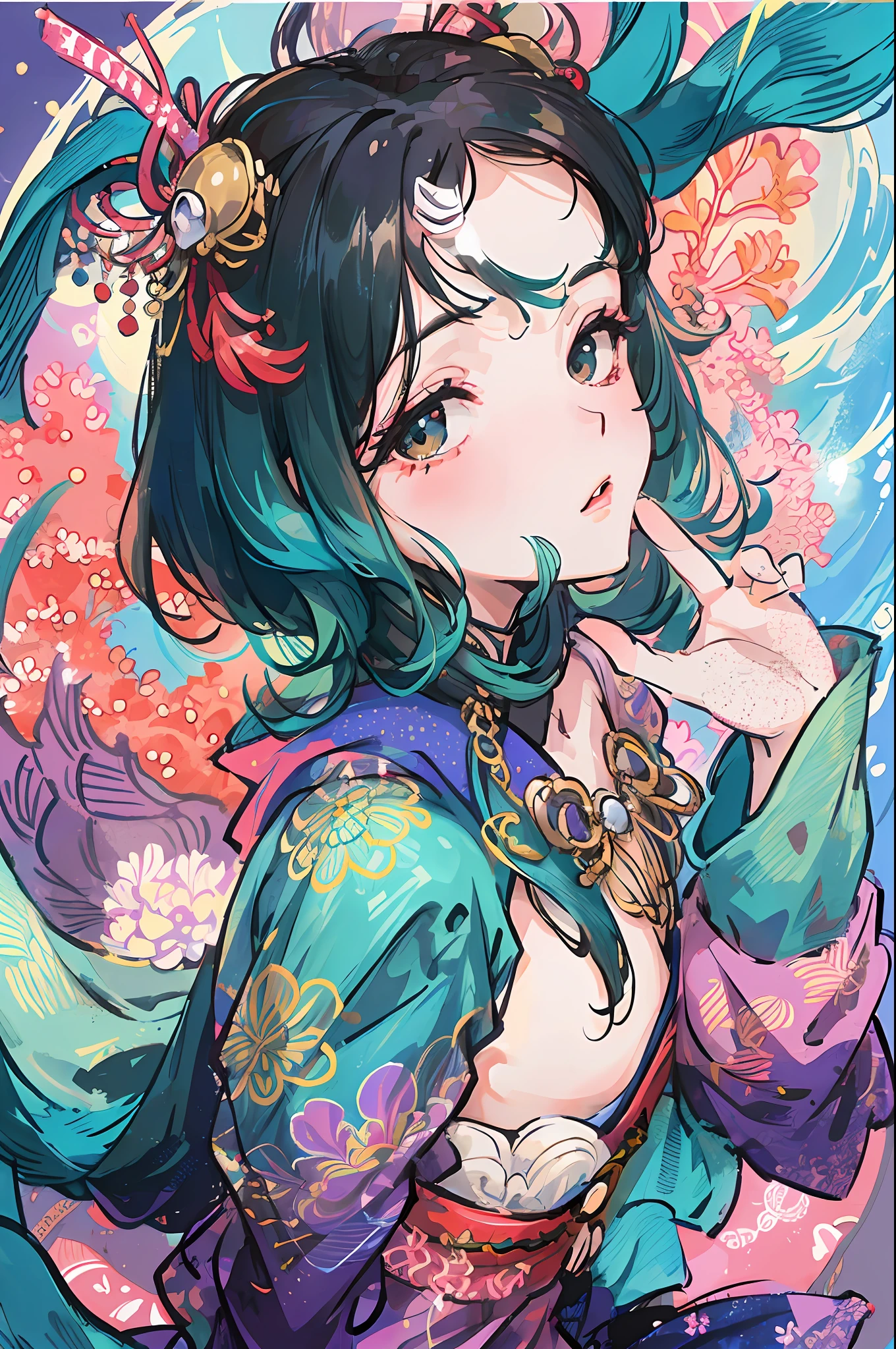 Masterpiece、Accurate drawing、Detailed drawing、8K、In the deep waters of coral reefs、There is a mermaid who looks like a beautiful woman、Body color is like emerald.、The structure is a half-mermaid、The lower half of the body is like a fish、She looked at me from above、I looked at her from below、I hold a pearl in my hands 。wearing Japanese kimono、beatiful backgrounds、