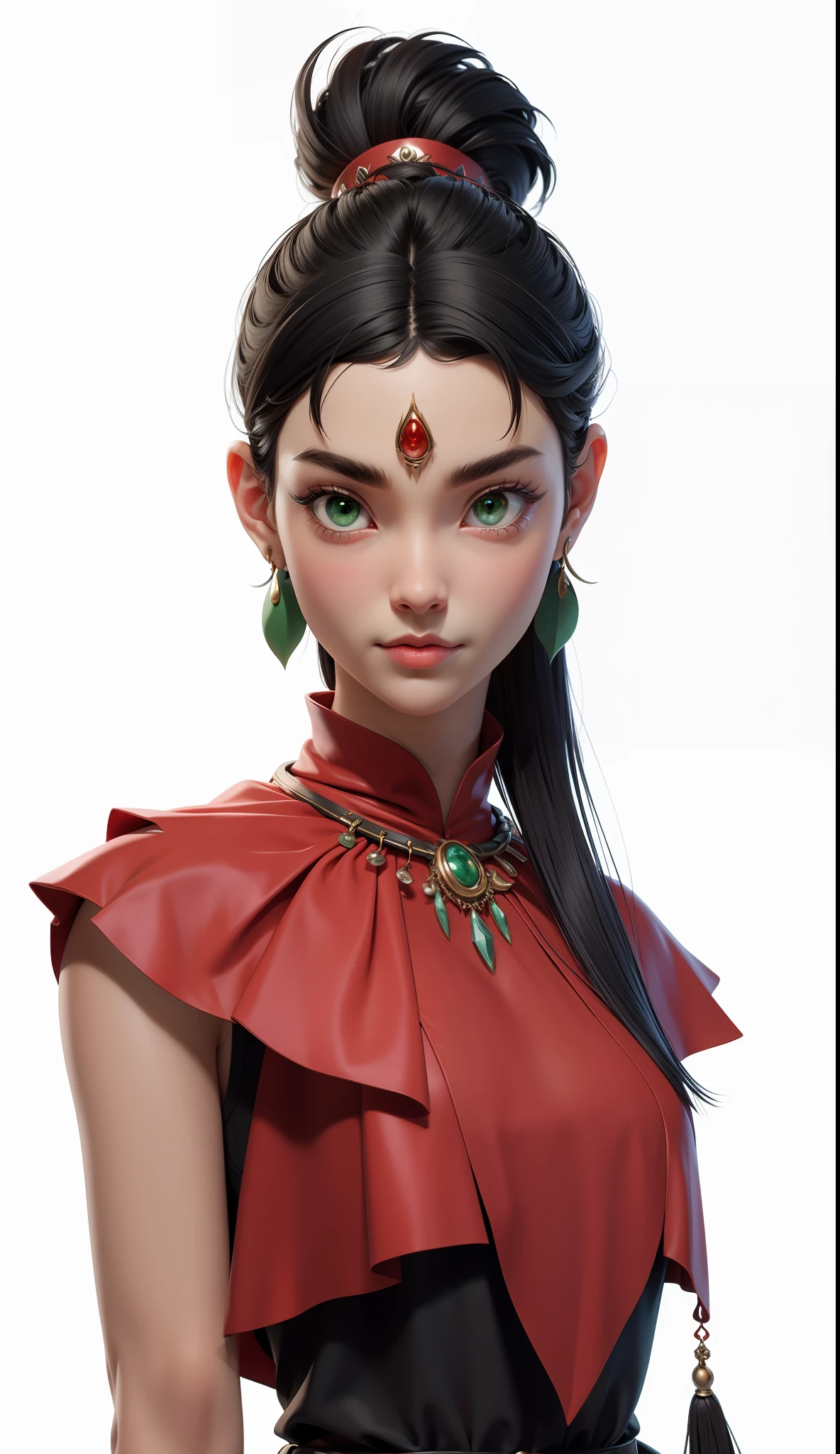 mj3d style,3dmm,3d,(masterpiece, best quality:1.1), ghibli style, san \(mononoke hime\), 1girl, armlet, bangs, black hair, black undershirt, breasts, cape, circlet, earrings, facepaint, floating hair, forest, fur cape, green eyes, jewelry, looking at viewer, medium breasts, nature, necklace, outdoors, parted bangs, shirt, short hair, sleeveless, sleeveless shirt, solo, tooth necklace, tree, upper body, white shirt