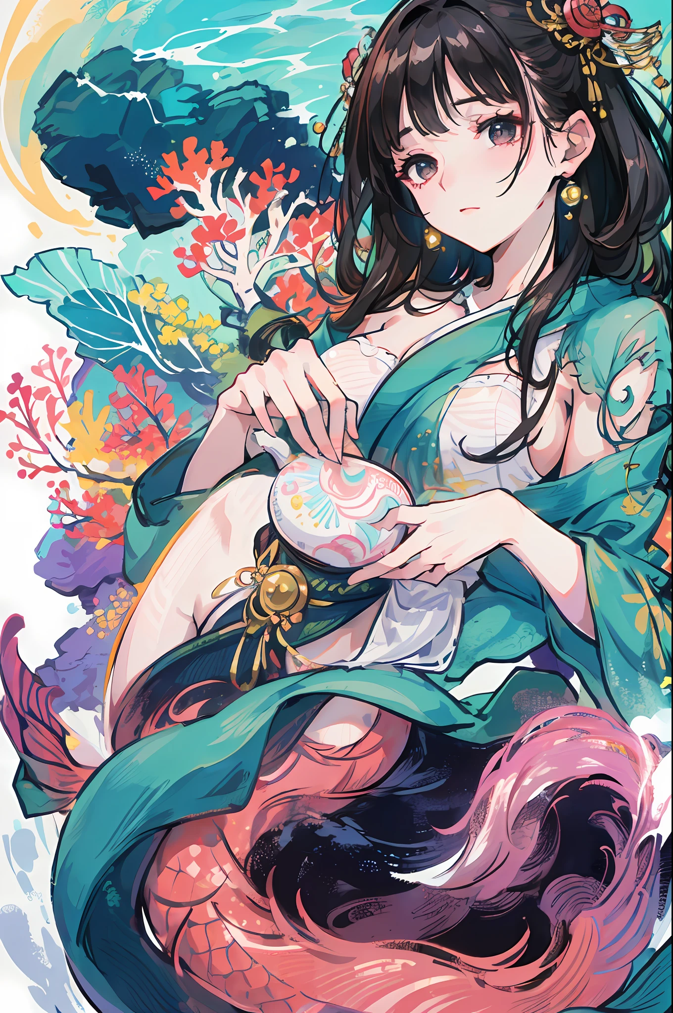 Masterpiece、Accurate drawing、Detailed drawing、8K、In the deep waters of coral reefs、There is a mermaid who looks like a beautiful woman、Body color is like emerald.、The structure is a half-mermaid、The lower half of the body is like a fish、She looked at me from above、I looked at her from below、I hold a pearl in my hands 。wearing Japanese kimono、beatiful backgrounds、