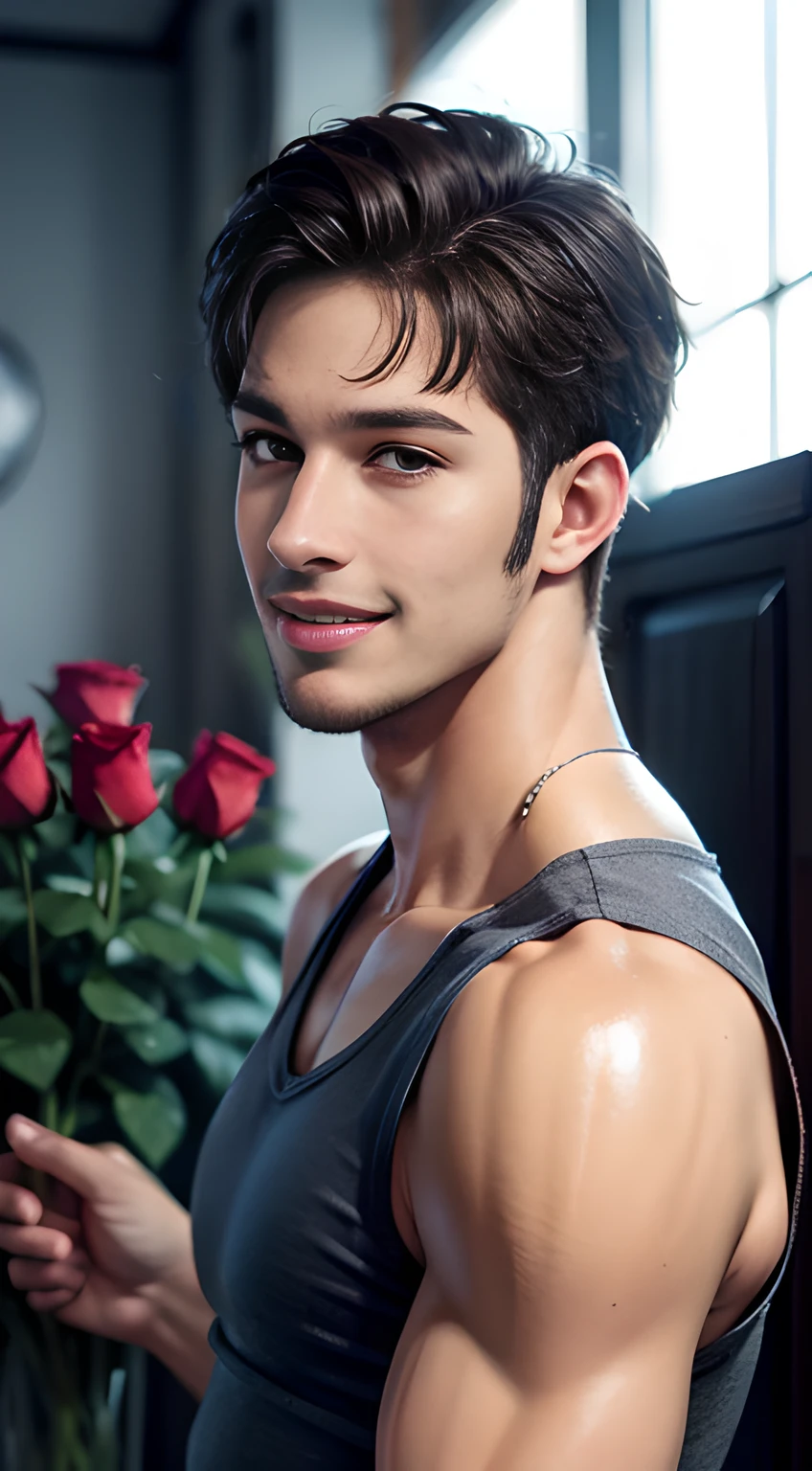 handsome young man in his 20's, Chris Redfield, mischievous smile,
