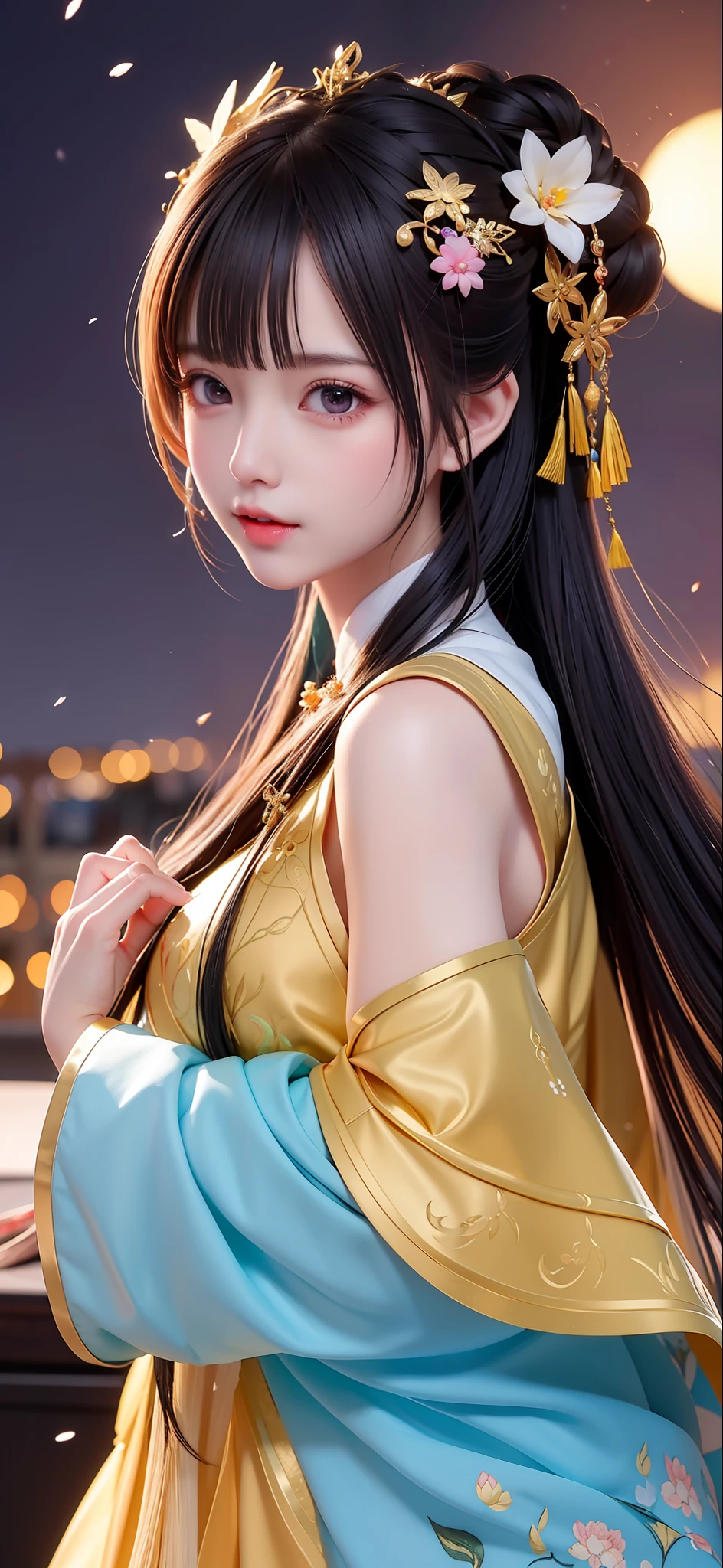 (8k, RAW photo:1.2), best quality, ultra high res,dramatic angle,(fluttered detailed color splashs), (illustration),(((1 girl))),(long hair),(rain:0.9), (头饰:1.4),少女身边有一座古宫,汉服,(重点),彩色水墨画,(泼彩),泼彩,(((colorful))),(素描:0.8) , Masterpiece, best quality, beautiful painted, highly detailed,(denoising:0.6),[splash ink],((ink refraction)), (beautiful detailed sky),moon,highly,detaild,(masterpiece, best quality, extremely detailed） CG unity 8k壁纸，杰作，最好的质量，超详细），（石蒜），