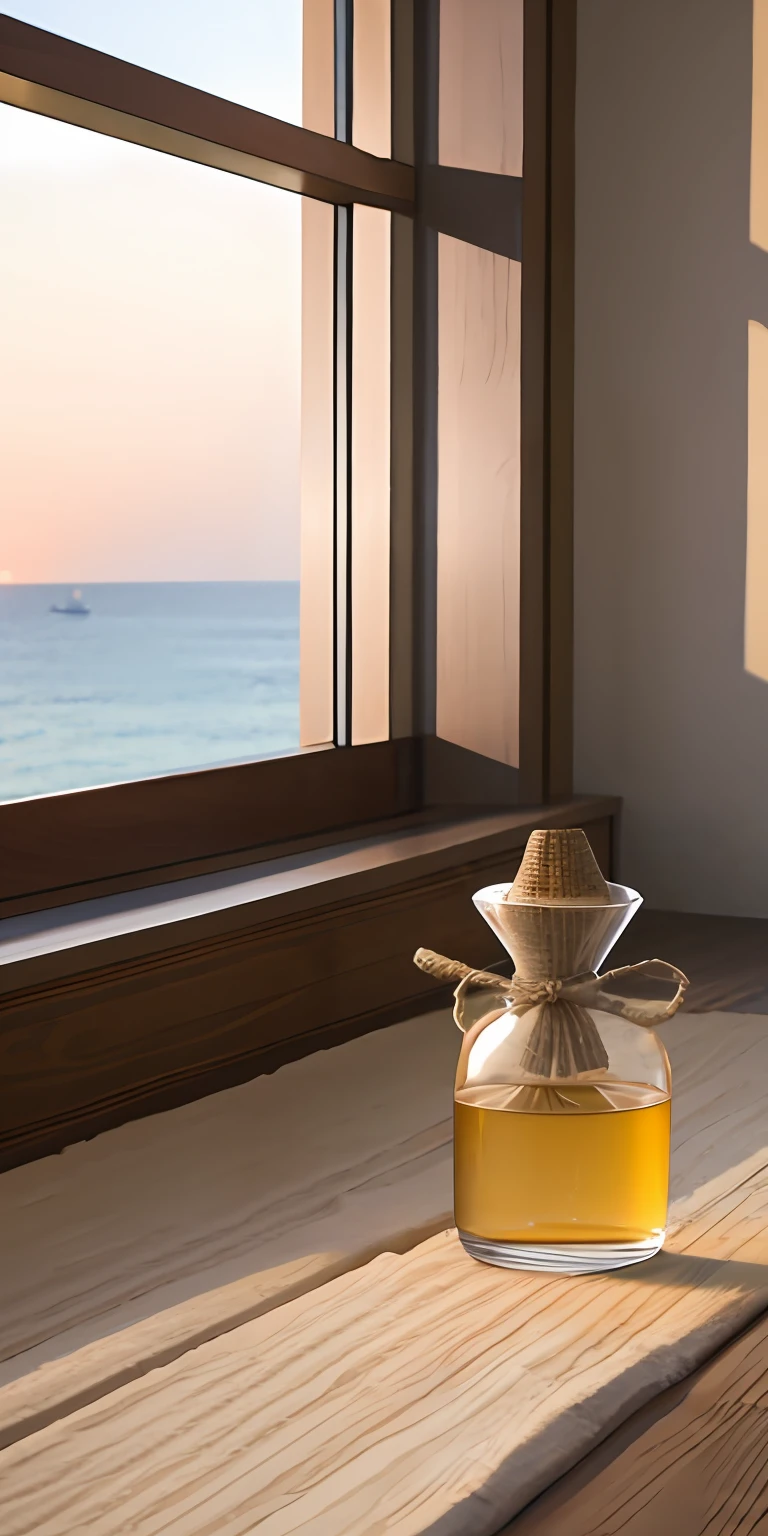 A bottle of fragrance，Sand color，There is a table，There are windows，There is the sea