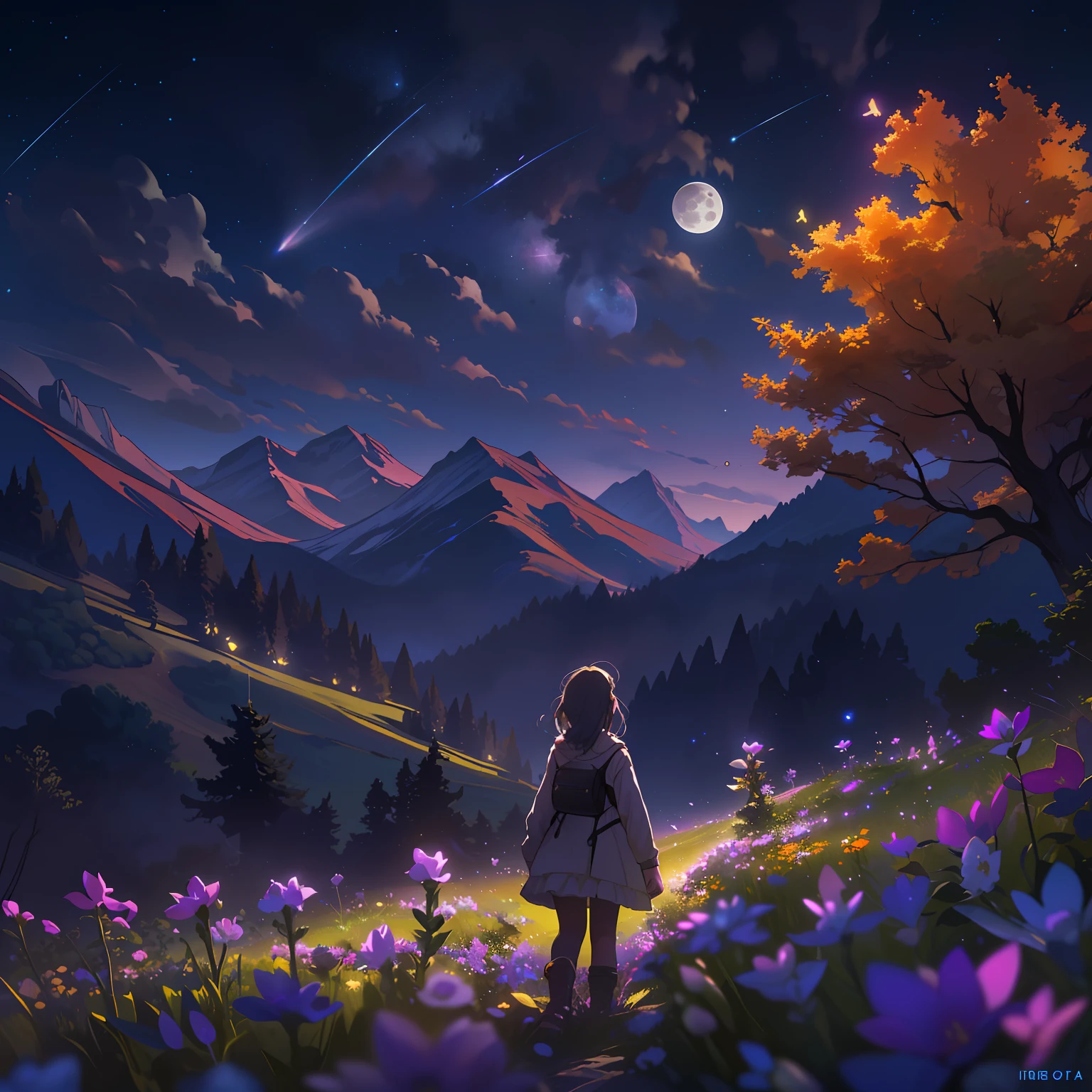 Expansive landscape photograph, (view from below with a view of the sky and the wilderness below),  girl standing in a flower field looking up, (full moon: 1.2), (shooting star: 0.9), (nebula: 1.3), distant mountain, tree break production art, (warm light source: 1.2), (firefly: 1.2), lamp, purple and orange, intricate detail, volume lighting BREAK (masterpiece: 1.2), (highest quality ), 4k, ultra-detailed, (dynamic configuration: 1.4), highly detailed and colorful details (iridescent: 1.2), (sparkling lighting, atmospheric lighting), dreamy, magical, (solo: 1.2)