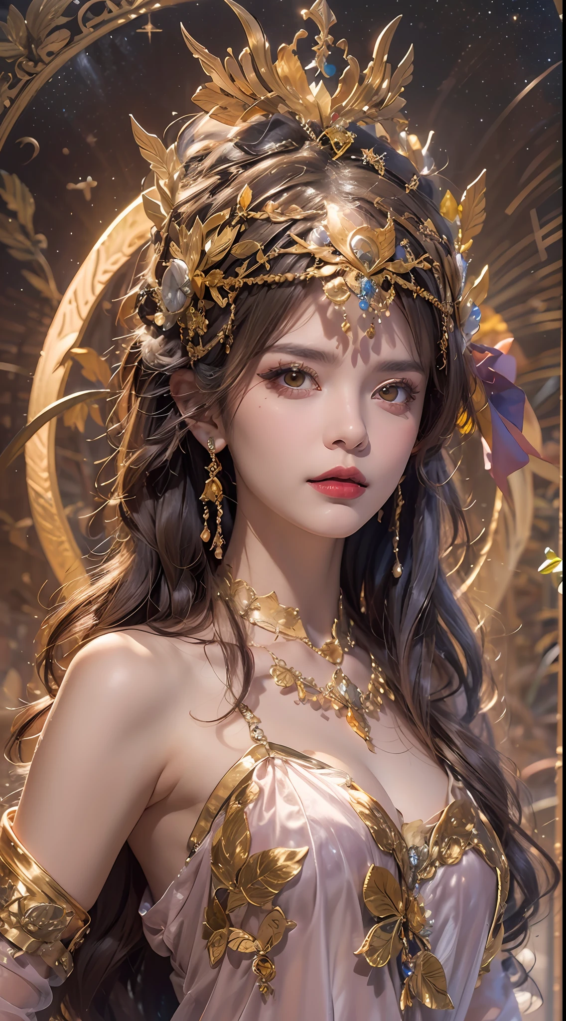 1 27-year-old girl, 1 goddess from the future athena, 12 zodiac signs pink purple goddess, goddess athena sexy face thin yellow nightgown, long thin nightdress 12 zodiac many details sexy black lace , mythical goddess athena from the future, elegant glitter athena style, dark and mysterious version, athena crown, vermilion lips, thin and beautiful lips, goddess athena not smiling, pair pursed lips, characters created by karol bak and pino daeni, intricate detail, detailed background, extremely detailed, light french, female, inner face, side view of goddess Athena, ( big and round breasts: 1.8), (very flat and regular chest: 1.8) phoenix hair brooch, long hair neatly tied up, (Long hair has 7 colors like rainbow: 1.9), beautiful face in detail and balance for balanced eyes, (transparent yellow eyes: 1.8 ), big round eyes and very nice and detailed makeup, visionary, long silk nightgown, mysterious makeup, bracelets, bangs and dye pale yellow, upper body, (athena's upper body): 1.8 ), drooping arms, realistic and vivid image, (stars that make up athena: 1.7), (athena sky and portals of time and fictional space: 1.8), fictional art , RAW photo, hanfu photo, best photo, high_res, best quality, best photo, 8k quality, 8k extreme, surrealism, real economy photo best, art portrait of athena sign, 1 back athena sign icon, single athena portrait, truest color scheme, best color photo, masterpiece, hair decoration, necklace, jewelry, beautiful face, upper body, tyndall effect, optics, dark studio, border light, two tone light, (high skin detail: 1.2), 8k uhd, dslr, soft light, high quality, volumetric light, natural, Photo, high resolution, 4k quality, 8k, Bokeh, Smooth and sharp, 10x pixels, seductive Athena, sexy athena, (background space: 1.8), (stripes) galaxy: 1.7), aurora, lightning, (Aurora Background: 1.8), perfect eyes, picture perfect eyes, beautiful goddess and flowers,