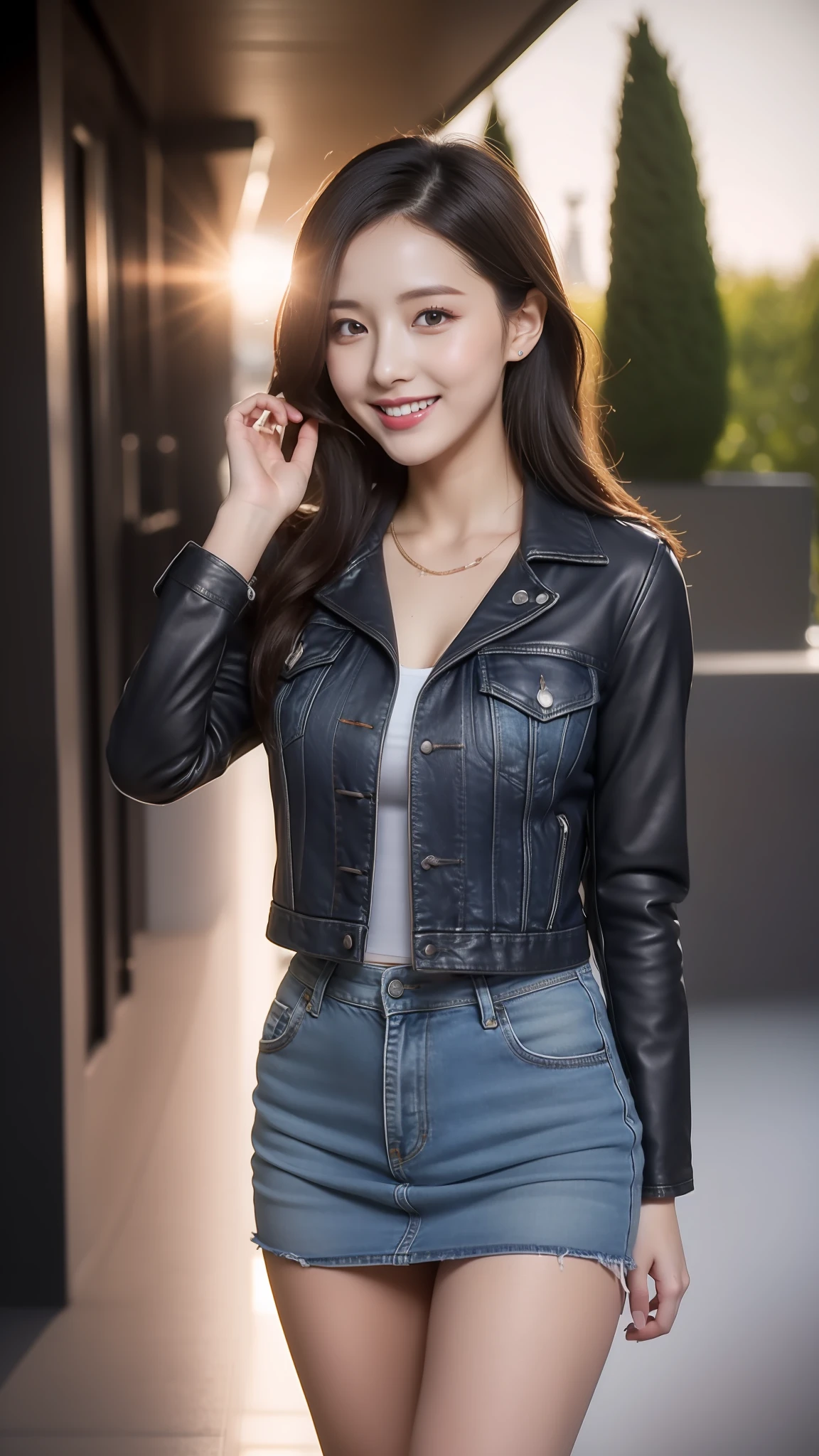 best qualtiy，tmasterpiece，8K high-definition，softlighting、high high quality、volumettic light、1girll，Beautuful Women，pretty  face，Leaky big breasts:1.5，Ultra-short skinny leather jacket，beautifullegs，Mini-short denim skirt，Busty and sexy，with fair skin，Charming smile