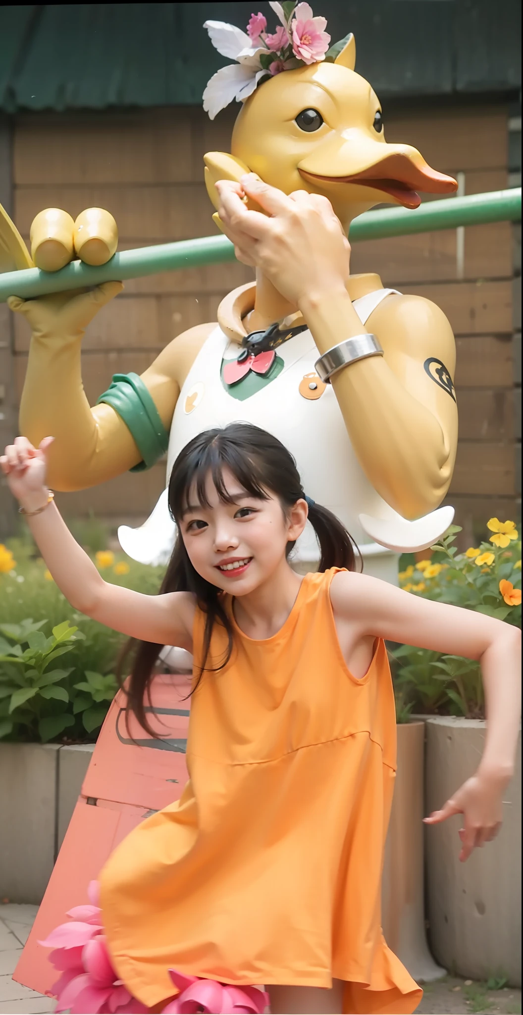 A with white skin and orange clothes,Take a photo with the duck sculpture in front of the flower bed as you play at the amusement park,