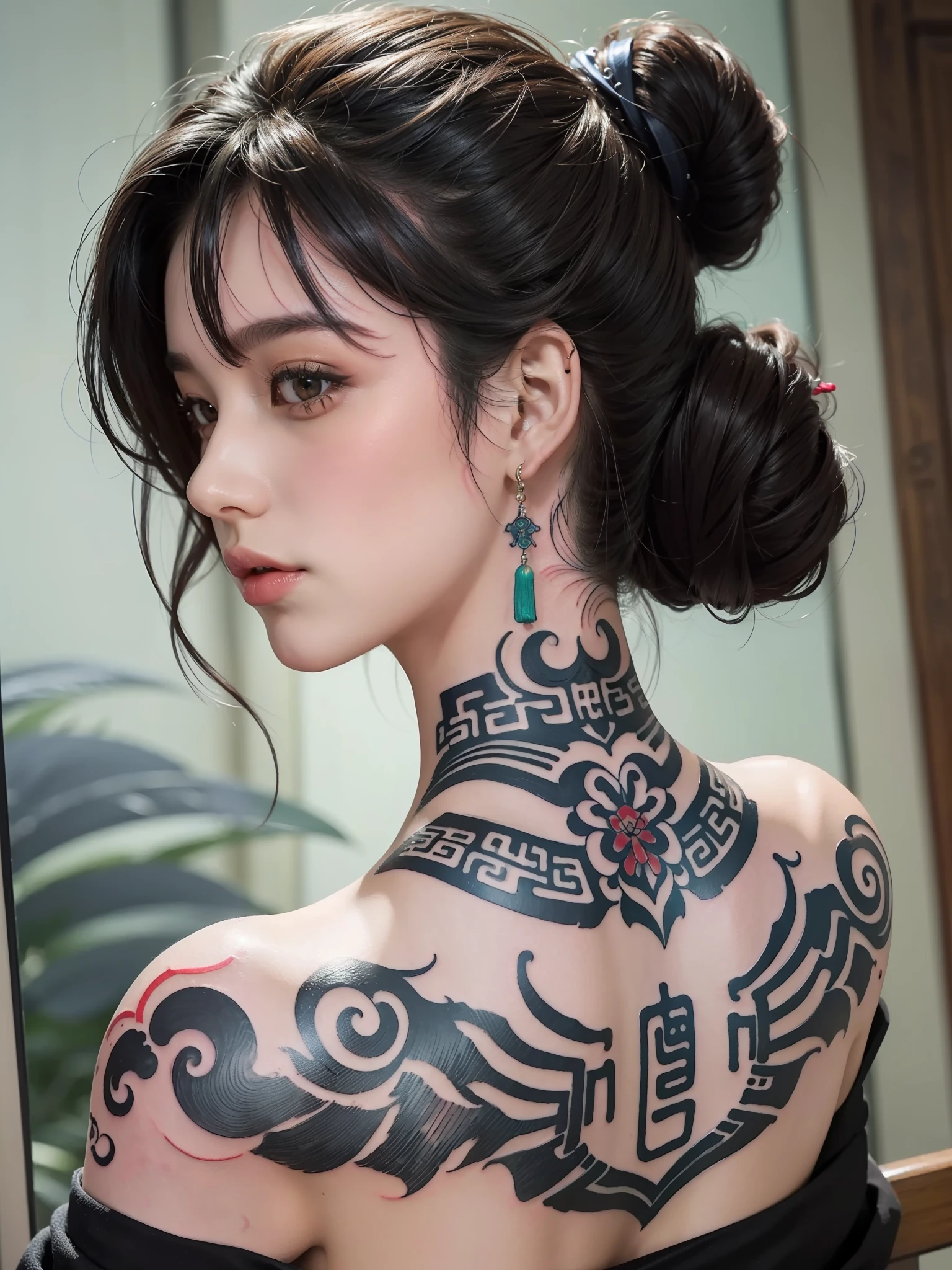 (masterpiece best quality:1.4),1girl, (tattoo of chinese text:1.5), solo, back tattoo, hair flowers, long hair, blue eyes, looking at viewer,back tattoo,tattoo,looking back, from behind, black hair, tassel, bare shoulders, hanfu, chinese clothes,back, bangs, upper body, earrings, indoors, nape, off shoulder, jewelry, eyelashes, lips, back focus, profile, hair bun, sliding doors, piercing, single hair bun,