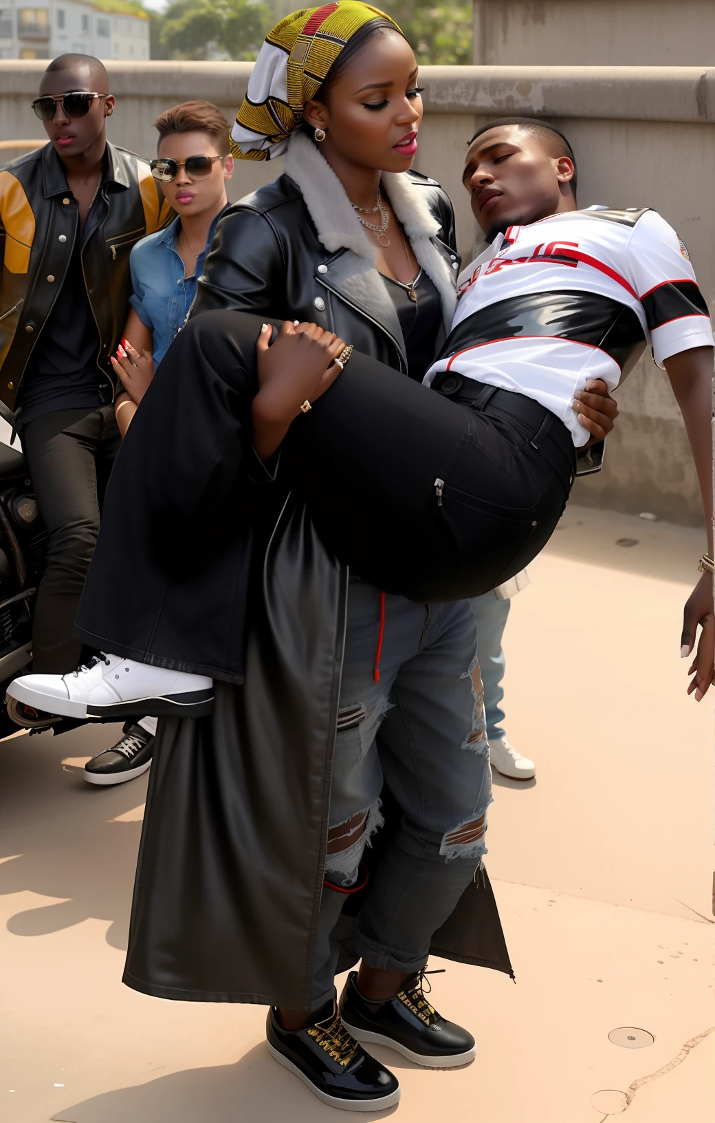 a love scene, interracial loving action, erotic, a consciousless boy is lying in the arms of his african girlfriend, a consciousless boy is helplessly hanging in his african girlfriend's arms, there is an attractive african girl in a deep black high-shine biker-jacket, a terrified but attractive african girl is evacuating her injured boyfriend from a wrecked car, a wounded boy in matte jeans and a cotton shirt is crying in pain while he is evacuated from a wrecked car by his very attractive african girlfriend, an injured boy is crying in pain, an attractive tafrican girl in a wet deep black shiny plastic-jacket is giving first aid, dramatic action scene, first aid, injury, pain, agony, helping woman, woman carrying a man, an attractive african girl in a black shiny biker- jacket, an attractive african girl in a wetlook shiny patent-leather-biker-jacket with lipstick and madeup smokey eyes, a consciousless german boy in a cotton shirt and a matte jeans, a shorthaired fainted german boy in a cotton shirt and a matte jeans, a fainted german boy in a cotton shirt and a matte jeans is helplessly hanging in the arms of his attractive african girlfriend with a shiny biker-jacket, an attractive african girl with lots of makeup in a very shiny wet black biker-jacket, an attractive african girl is wearing a shiny bikerjacket, an attractive african girl with smokey eyes, an attractive madeup girl in shiny leather with lipstick, an attractiveafrican girl is carrying a german boy in her arms, a matte clothed injured boy, a shorthaired boy with cotton t-shirt, a shorthaired boy needs to be carried while wearing matte cotton clothes, there is a leather-clad african girl holding an injured male persongerman boy in a cotton shirt and matte jeans in the streets, a shocked girl is screaming out with horror, a terrified and sad girl is shouting in absolute horror, photoshopped, realistic shot, funny professional photo, realistic photo shoot, soccer, photo manipulation, portrait shot