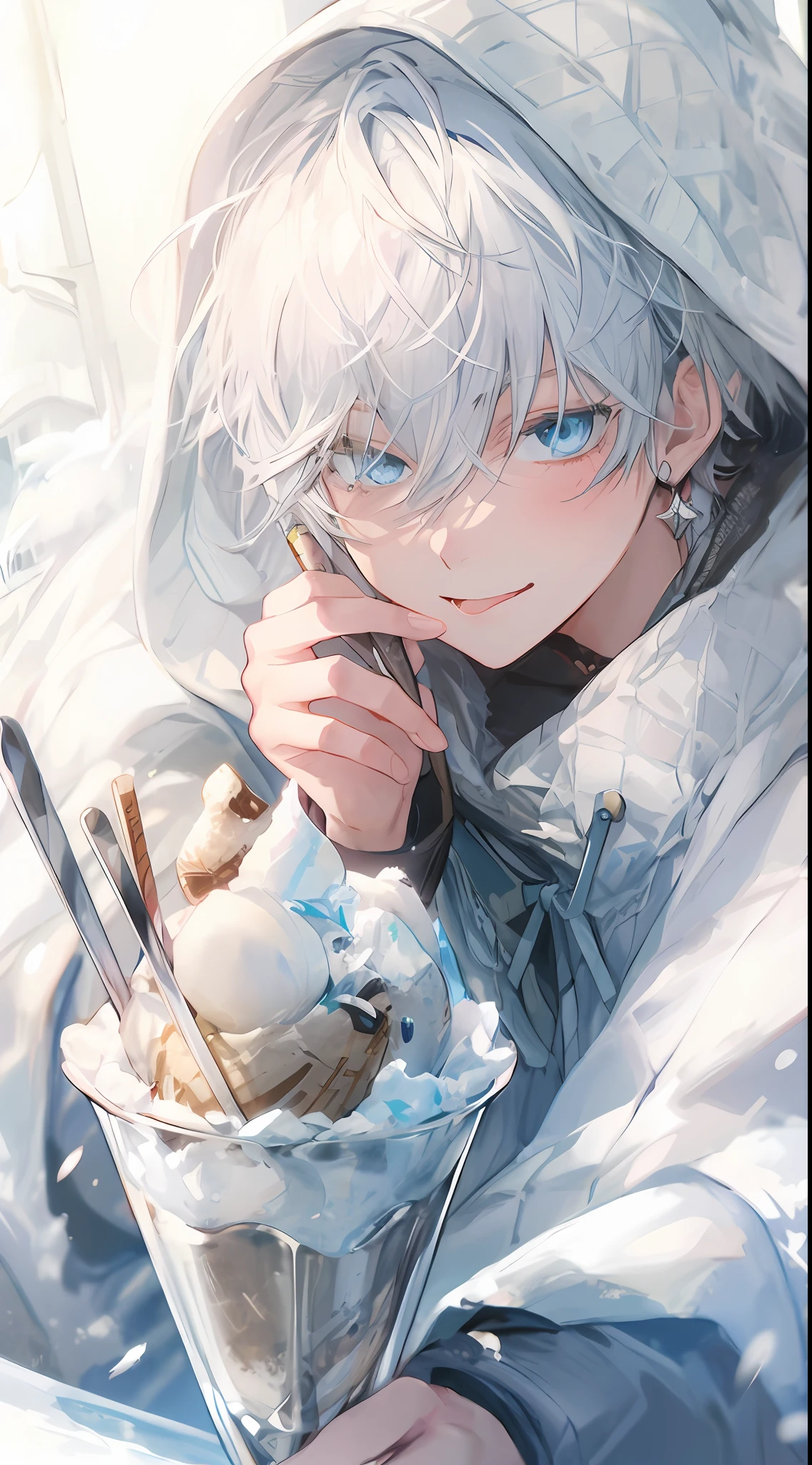 Anime boy with blue eyes eating ice cream in a bowl, Trending on ArtStation pixiv, 4 k manga wallpaper, zerochan art, guweiz on pixiv artstation, icey, digital art on pixiv, anime art wallpaper 4k, anime art wallpaper 4k, by Yuumei, pixiv trending, 4k anime wallpaper、Sticking out your tongue and smiling、Rin々Eyebrows