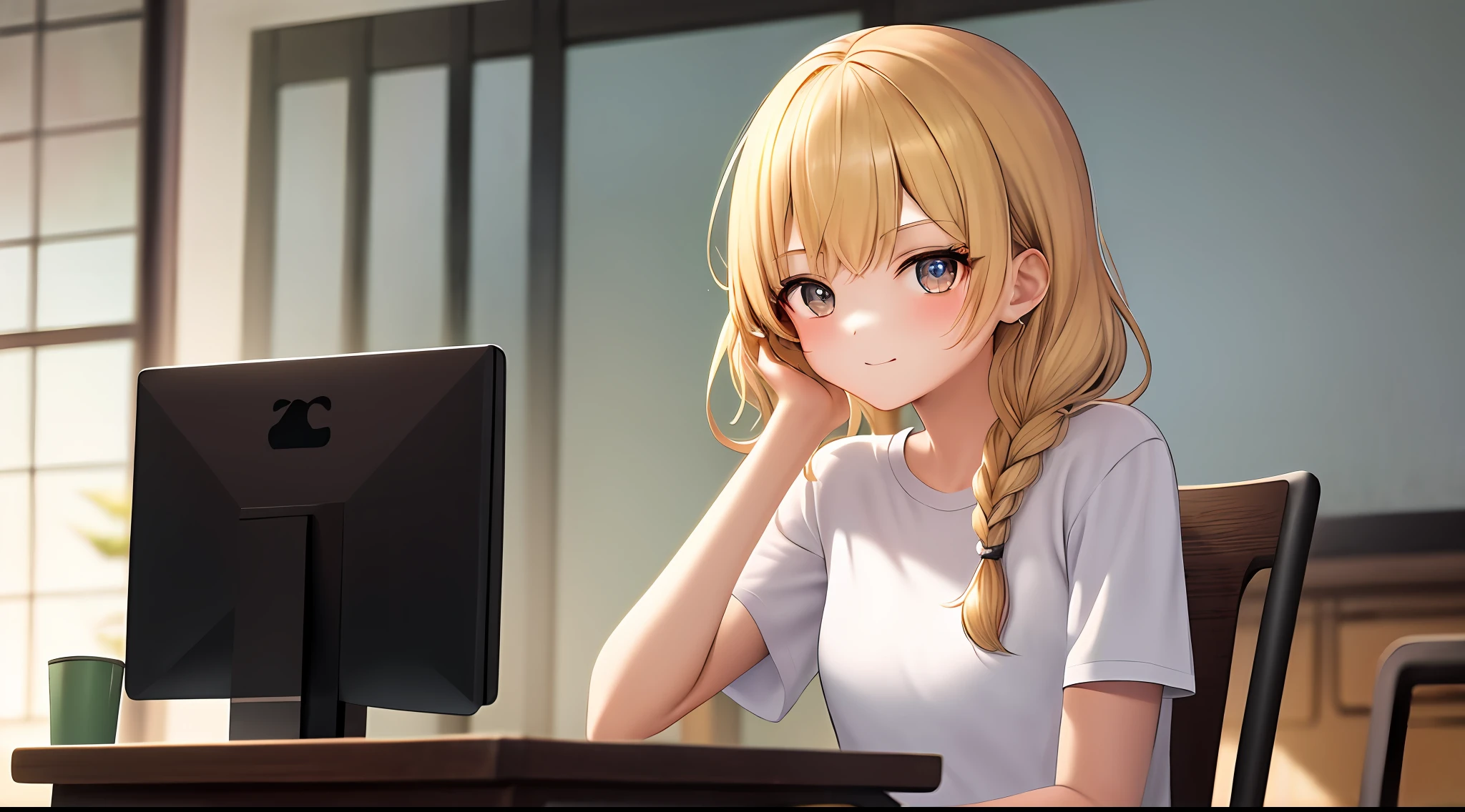 masterpiece, top-quality, hight resolution, a 1 girl, Loose white t-shirt、 Girl sitting on chair studying drafting at desk, Study seriously, Good luck studying、Beautie、cute little、Pleasant face、30 only、a blond、Braided hair