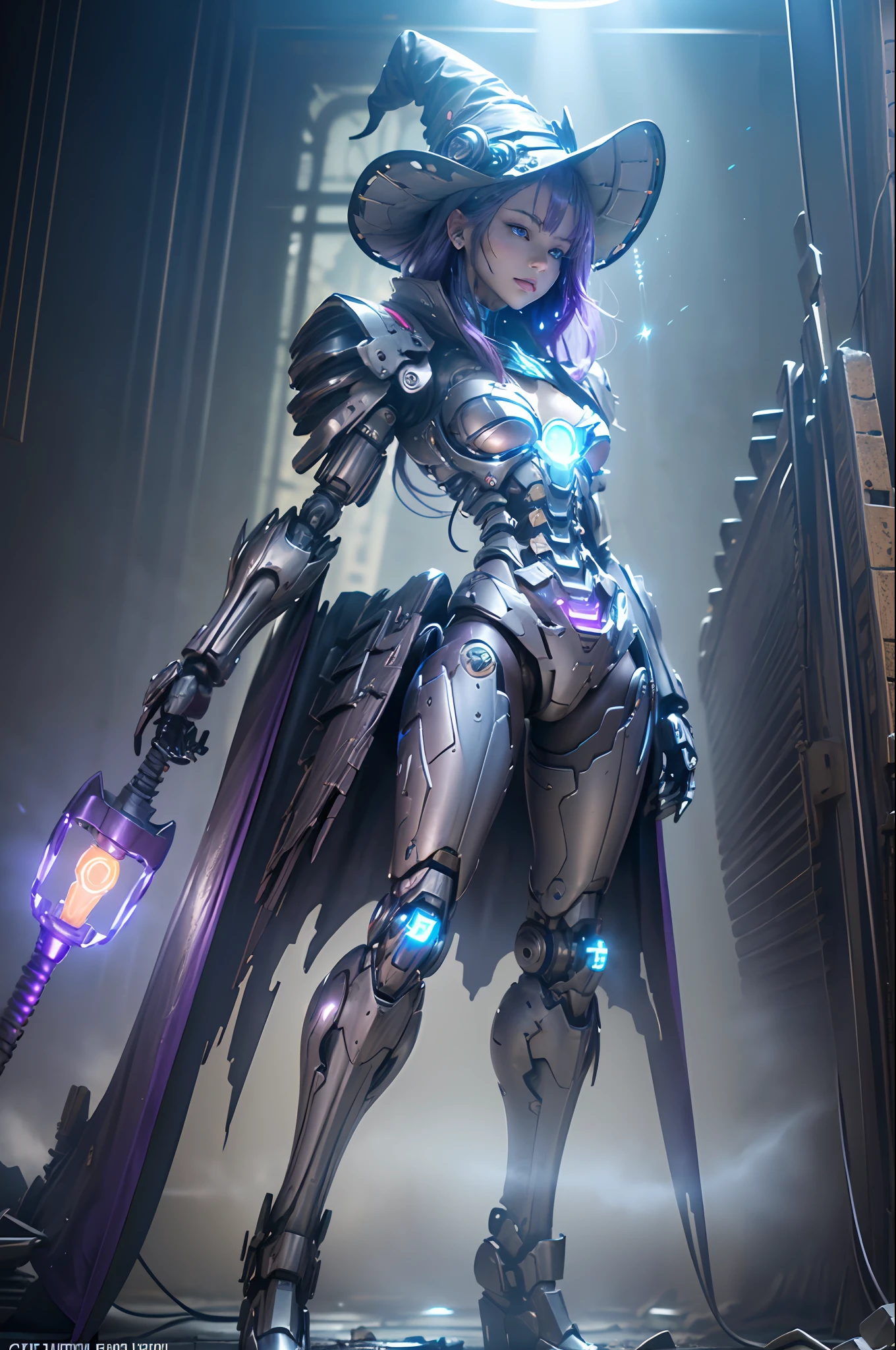 (((Masterpiece)))), (((highest quality)))), ((Ultra Definition)), (Very Detailed Photoreality), (((Very Delicate and Beautiful)), (Delicate and Pretty Face), Cinematic Light, (((1android Machine Girl)), Solo, Full Body, Big breast, Cleavage Is Visible Skin, Purple Hair, Blue Eyes, Luminous Eyes, (Mechanical Joint: 1.4), (Mechanical skinned)), (Standing), (( Mechanical vertebrae attached to the back)), ((Cervical vertebrae of the machine) wearing witch hat, wearing coat), (((cyber punk), ruin, guardian pose (gliter dust around her: 1.5), (character focus), small LED lamps on the body, Eden zero, SF, metallic body, detailed neon, holding staff, view from bottom