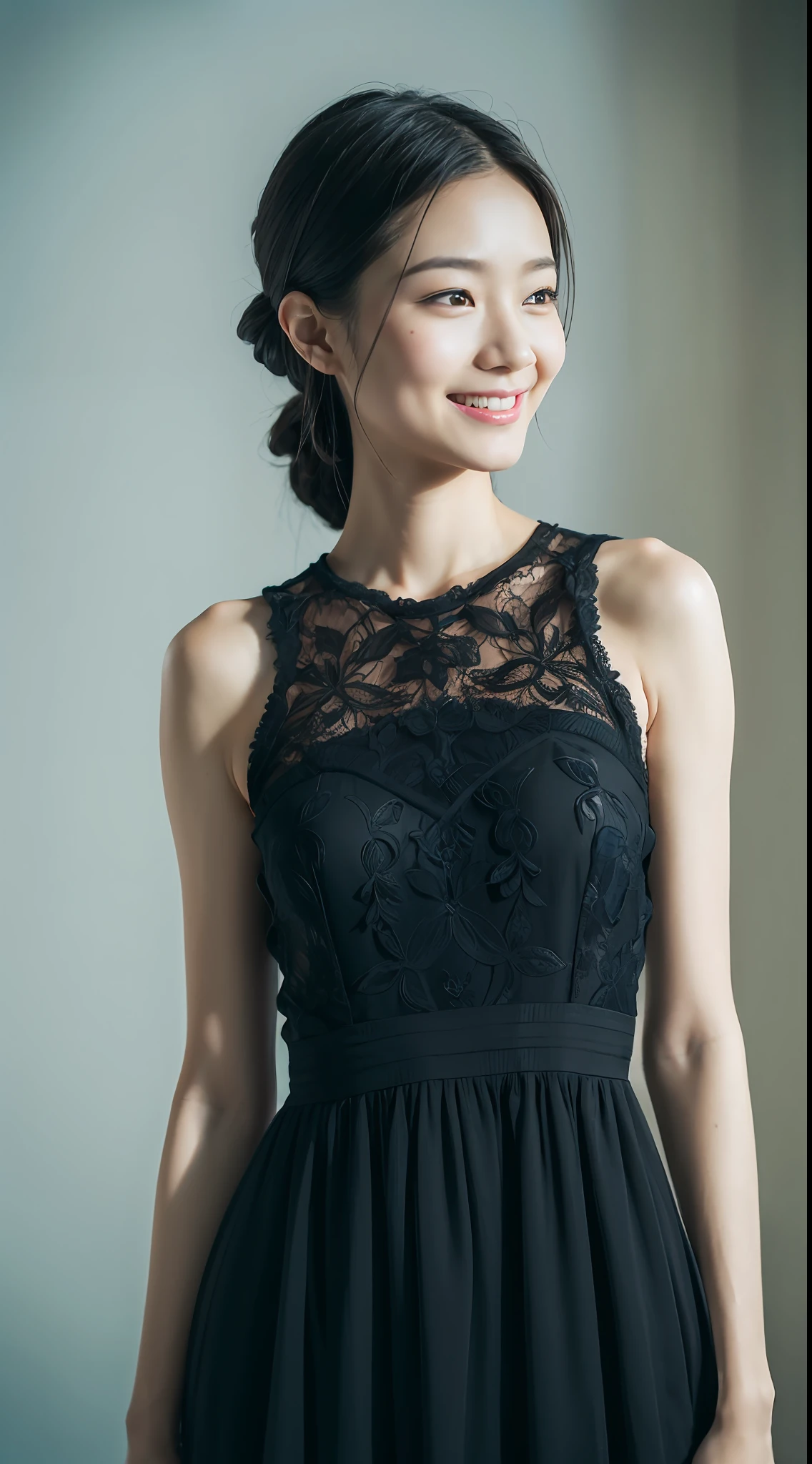(Best quality, 8K, masterpiece:1.3)) , (one person: 1.4), 1girl, a Korean woman, a goddess, 25 years old, portrait photography, high contrast, God perspective, aperture F1.2, focal length 24mm, ( Full body: 1.2), smile, pose for photos, fine lace, slip dress, simple cut dress, brand dress, simple cut, long black hair, hair tied up, super detailed skin details, detailed fabric texture, hard raining