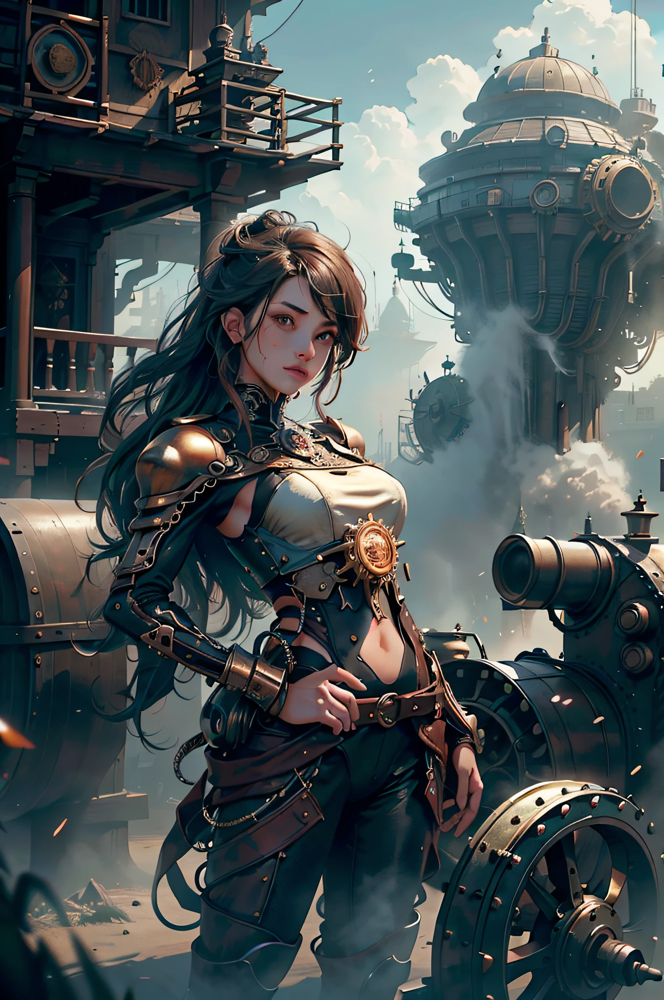 steampunc, ((masutepiece)), (Best Quality), nffsw, retinas, ccurate, ((Anatomically correct)), Textured skin, Super Detail, high details, High quality, awardwinning, Best Quality, hight resolution, 8K, drop shadow, anaglyph, stereograms, Atmospheric perspective, surrealism, depth of fields, reflective light, Backlighting, outside border, move chart, out of frame, Dutch Angle, Dutch Angle, Cowboy Shot, 8K, Super Detail, ccurate, one girls, A dark-haired, length hair, bangss, Twin-tailed, red blush, longeyelashes, Solid Circle Eyes, ((Very shiny skin)), (juicy skin), Very shiny clothes, outside of house, Complex mechanical devices,  Machine Wall, Gigantic Cogwheel, Countless gears, Lots of plumbing, Steam ejection, spark of light, Many instruments,actionpose, Put your left hand on your hip and thrust your right arm up, Spread your arms to the sides, Spread your legs apart,