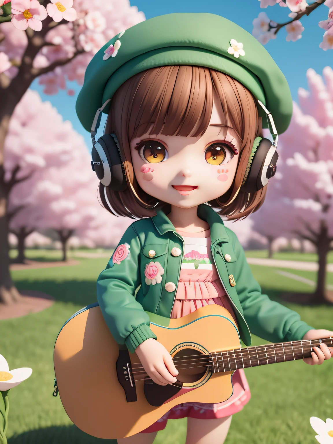 (masterpiece),(best quality),(ultra-detailed), (full body:1.2), 1girl,chibi,cute, smile, open mouth, flower, outdoors, playing guitar, music, beret, holding guitar, jacket, blush, tree, :3, shirt, short hair, cherry blossoms, green headwear, blurry, brown hair, blush stickers, long sleeves, bangs, headphones, black hair, pink flower, (beautiful detailed face), (beautiful detailed eyes),