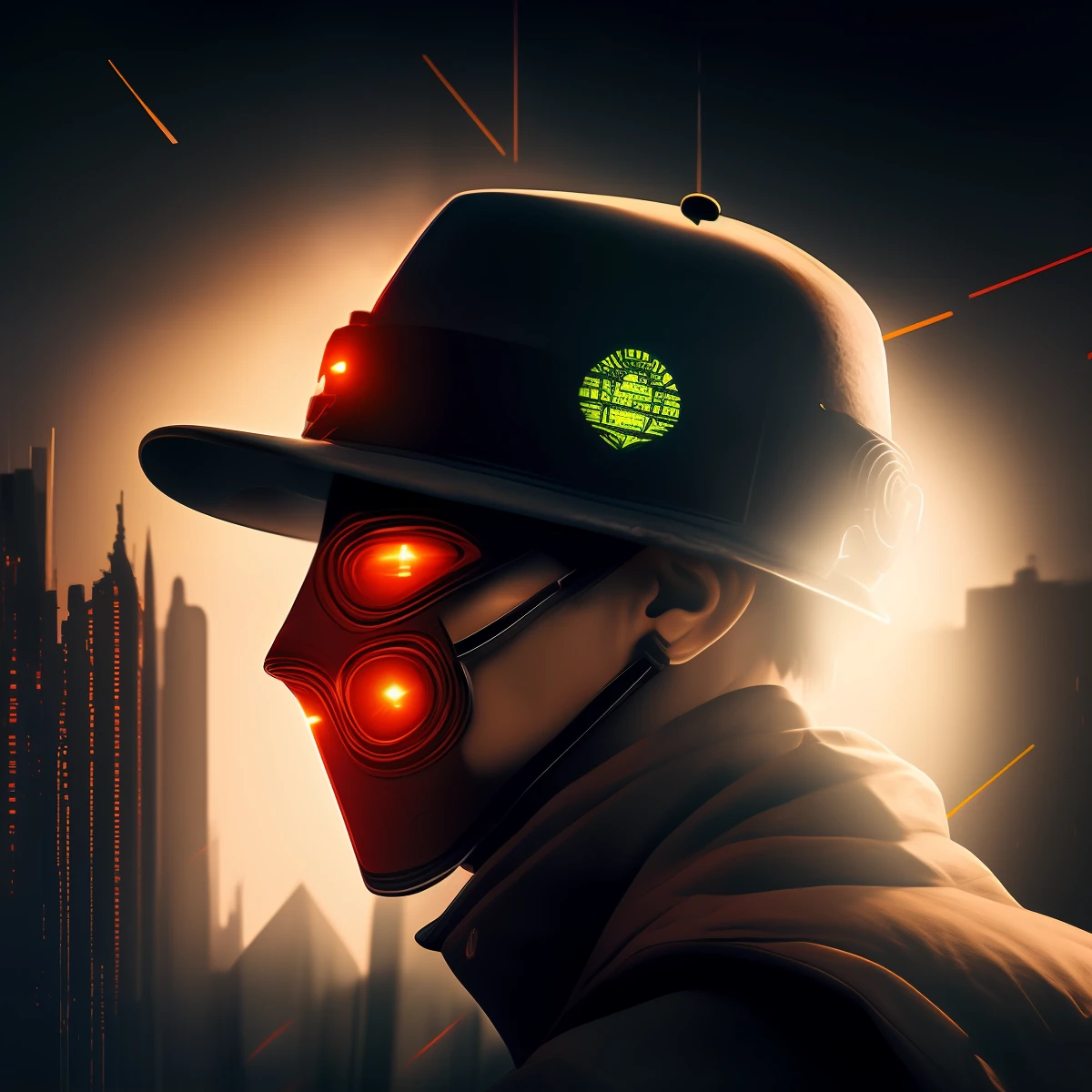 Men, cyberpunk, Wearing a hat., Wearing a mask., Code, world from digital symbols, matrix style, Dark background, Surrealism, cinematic lighting, projected inset, UHD, super detail, best quality