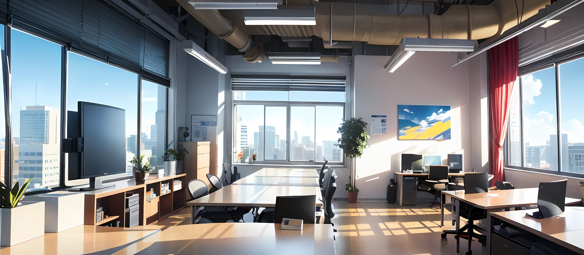 In front of the desk,Computer, Sky outside the window,In the daytime,and the sun was shining brightly,In the office, artstation hq, working in an office, At the office, office backdrop, in a open-space working space, in front of a computer, in a office, big desk