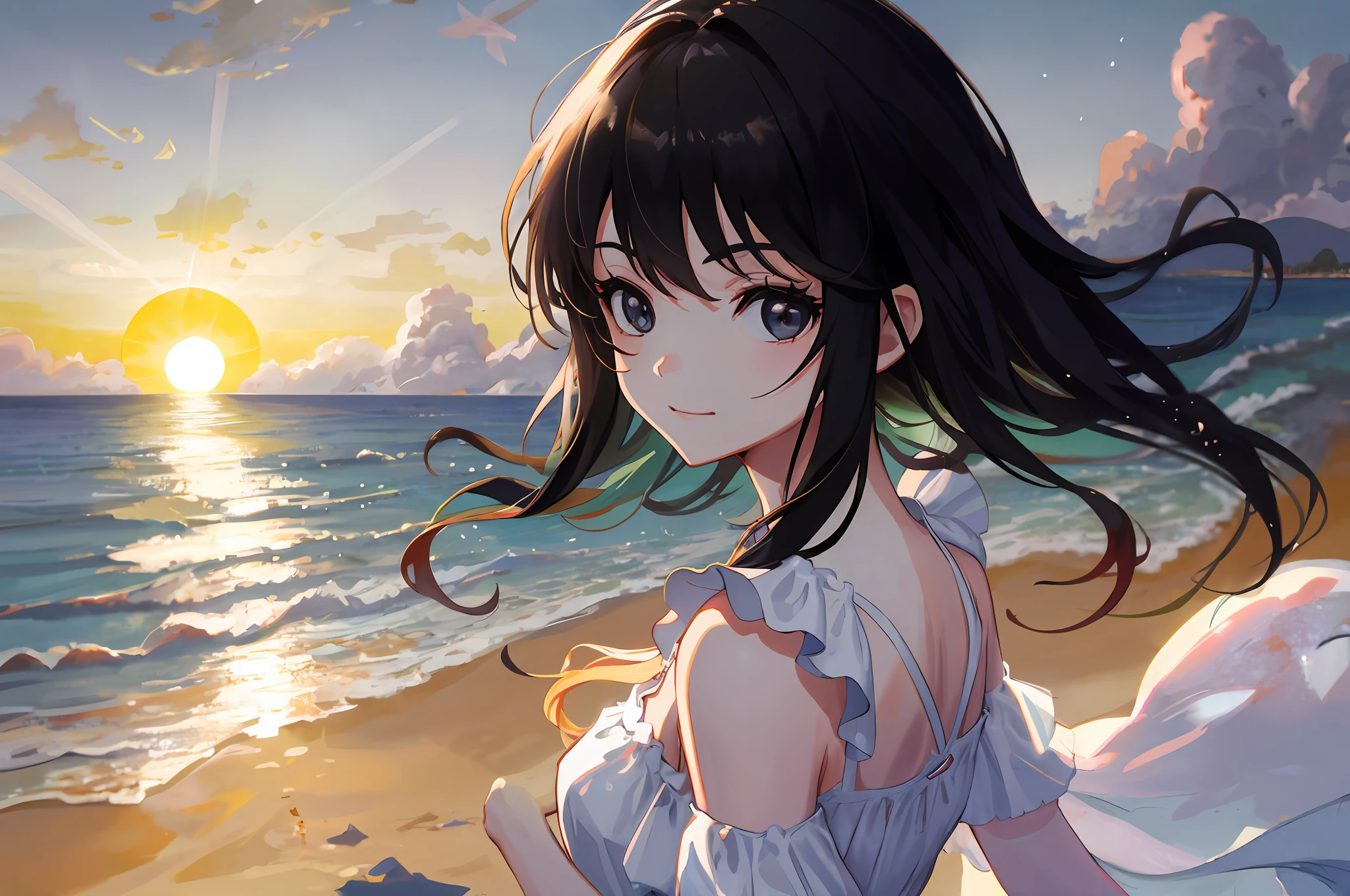 Anime girl with long hair standing on the beach at sunset - SeaArt AI