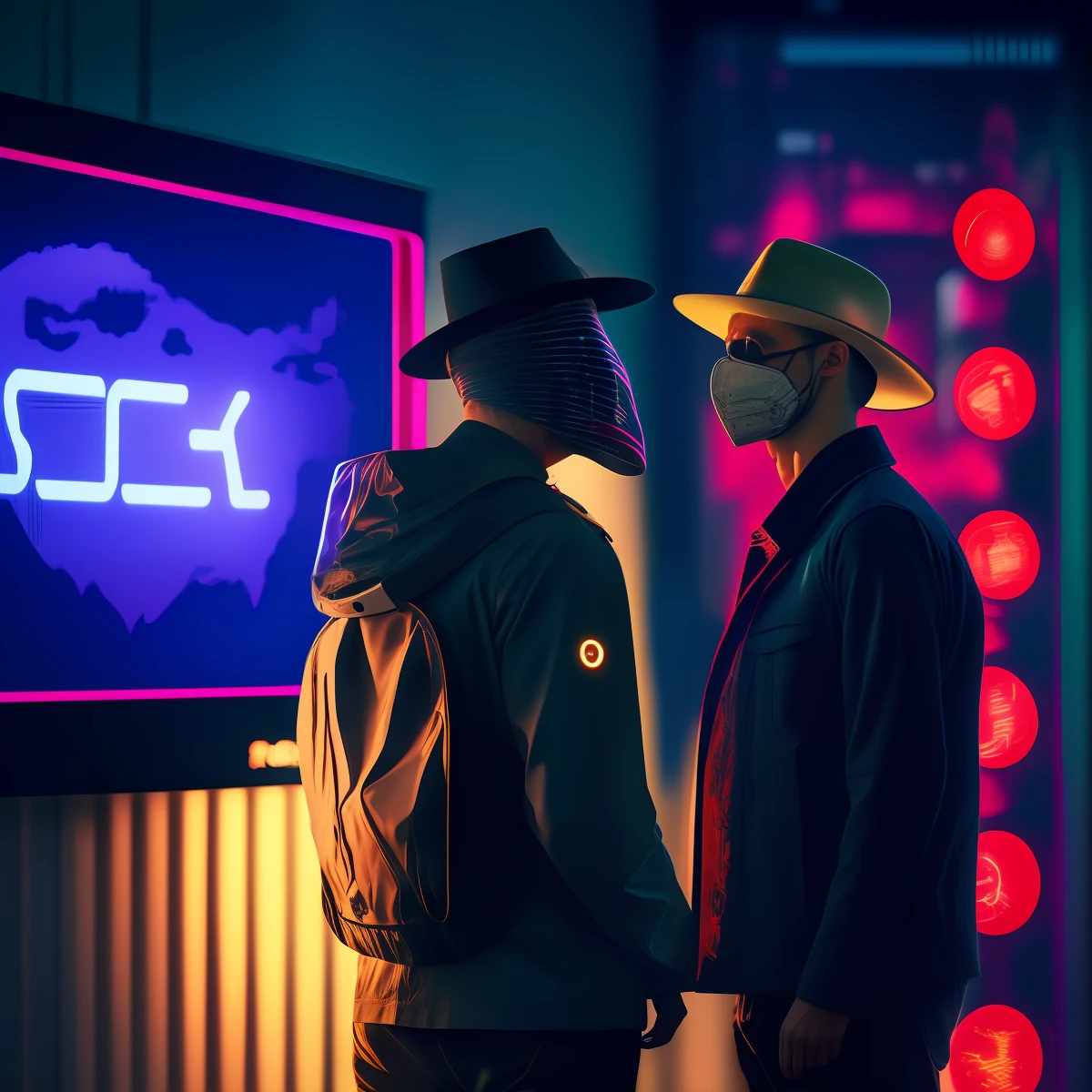 Men, cyberpunk, Wearing a hat., Wearing a mask., Code, world from digital symbols, matrix style, Dark background, Surrealism, cinematic lighting, projected inset, UHD, super detail, best quality