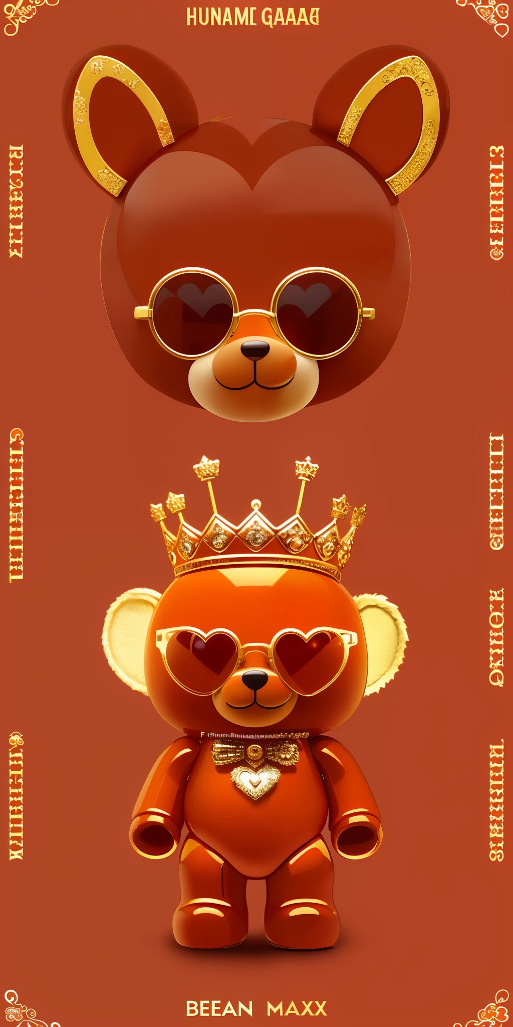 There is a brown teddy bear with a crown on his head, bearbrick, miniature bear, orange metal ears, Cool, amber, Girl, front trading card, queen, cupid, inspired by Michel De Caso, ( bear wearing sunglasses, michael angelo inspired, wondrous, inspired by Jeff Koons, fox wearing a tiara, Inspired by Max Brie, author:Fumi