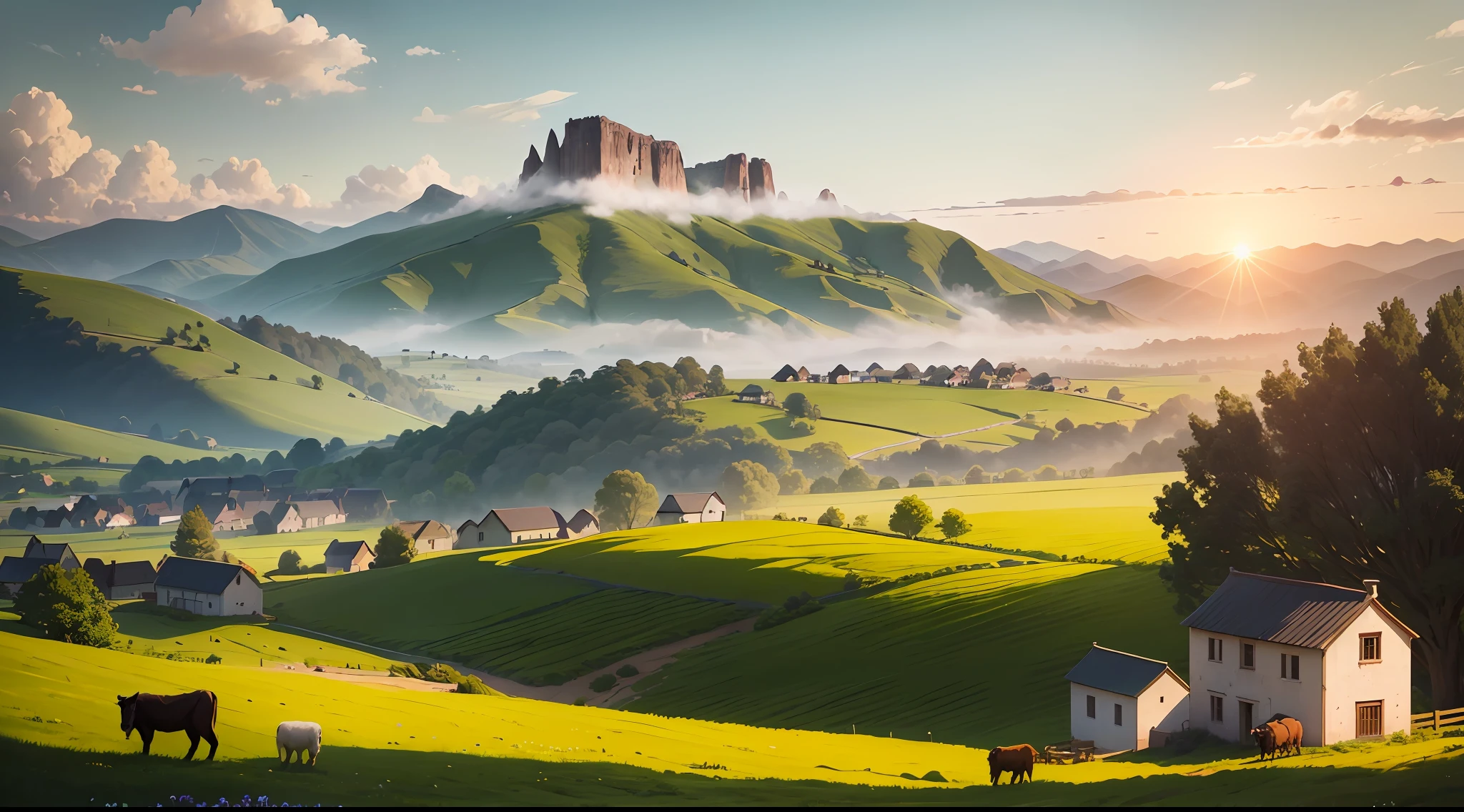 Beautiful countryside,Fresh and natural,The sky is blue,verdant green fields,Chimney in the village,White house,orange roof,Vast fields,Crop scenery,Sunset and distant mountains,The sun is warm,A gentle breeze,Shepherd in the field and his cattle and sheep,Simple and pure。 --auto