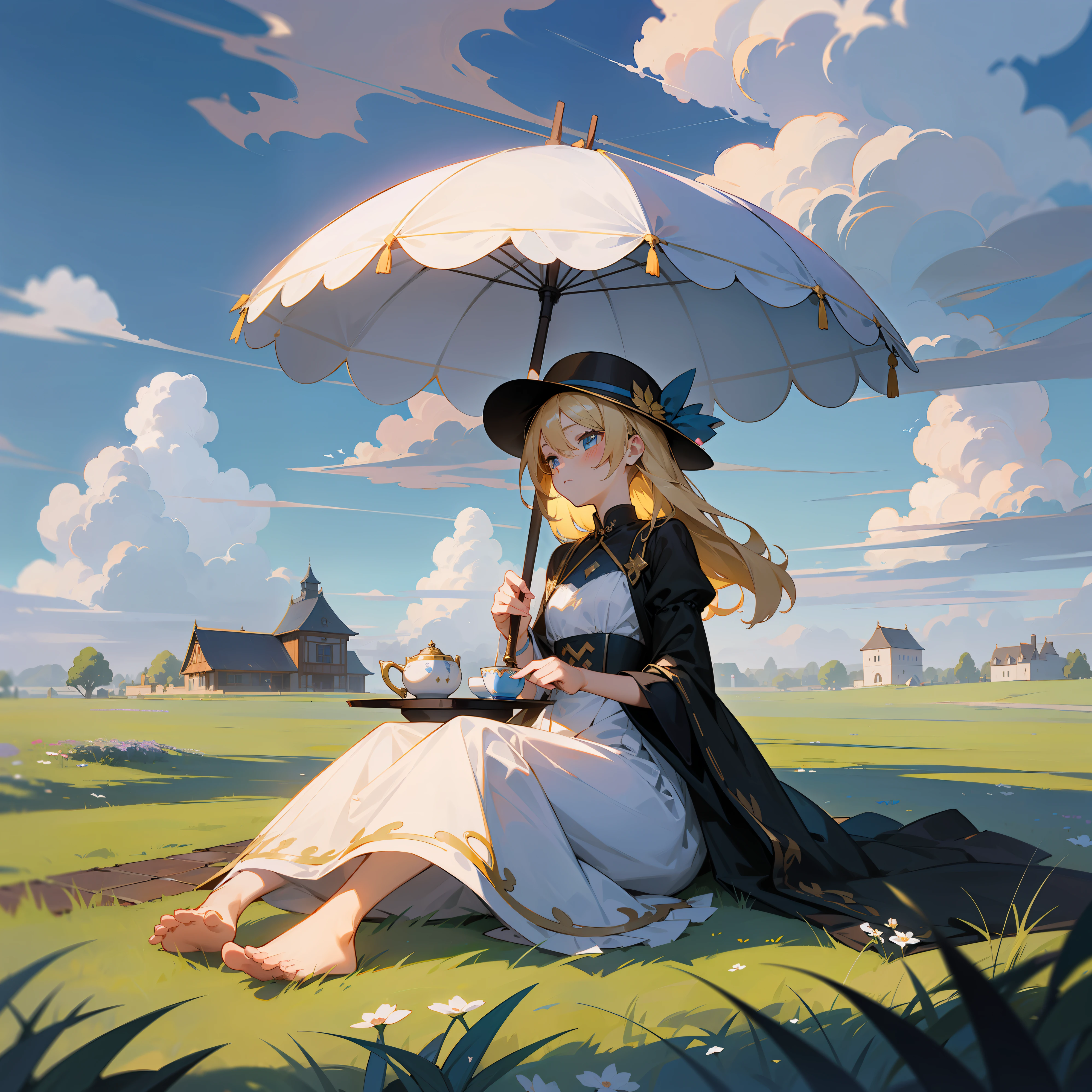 A beautiful girl in a black European dress sits on an empty lawn,horizon,with blue sky and white clouds,Small tea house,Delicate teacups,and the sun was shining brightly,rainbowing,large environment,the detail,big vista,No buildings,Drinking tea,With a veil,A large parasol stuck to the ground,Need,tmasterpiece,Masterpiece,animemanga girl,blond hairbl,Barefoot,wide screen,More skies